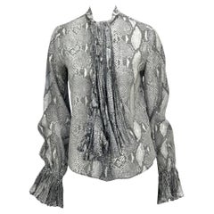 S/S 2000 Gucci by Tom Ford Sheer Snake Print Pleated Pussy Bow Button Up Top