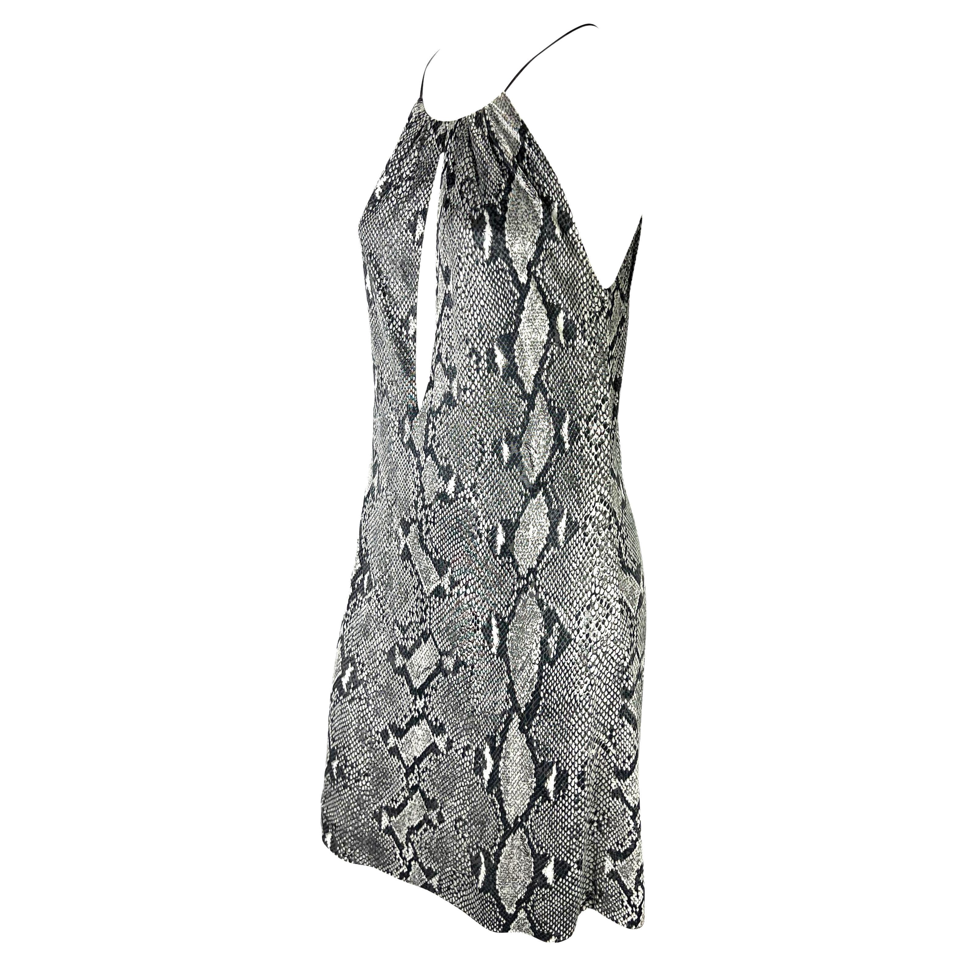 Gray S/S 2000 Gucci by Tom Ford Snake Print Viscose Leather Strap Plunging Dress For Sale