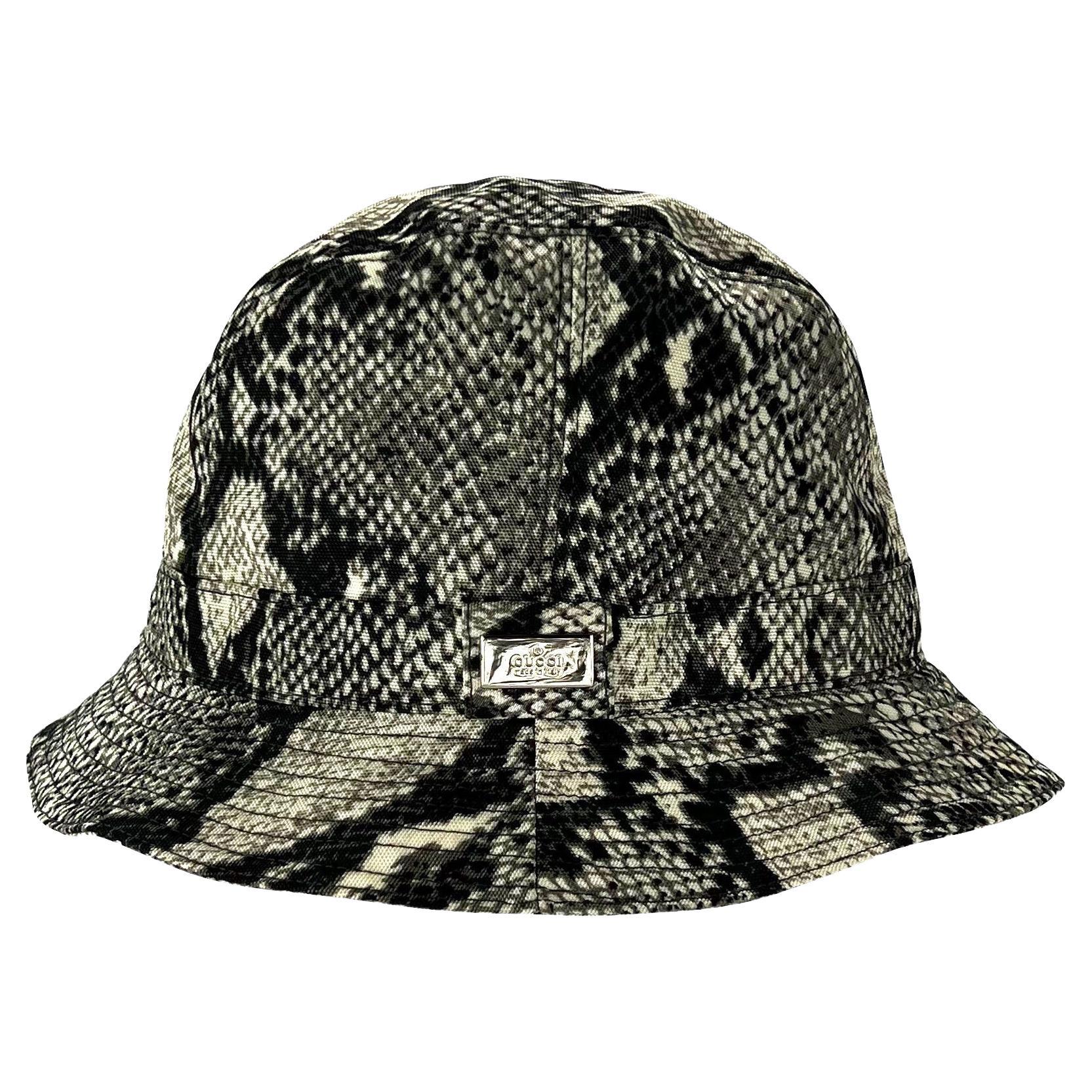 S/S 2000 Gucci by Tom Ford Snakeskin Print Grey Nylon Bucket Hat For Sale