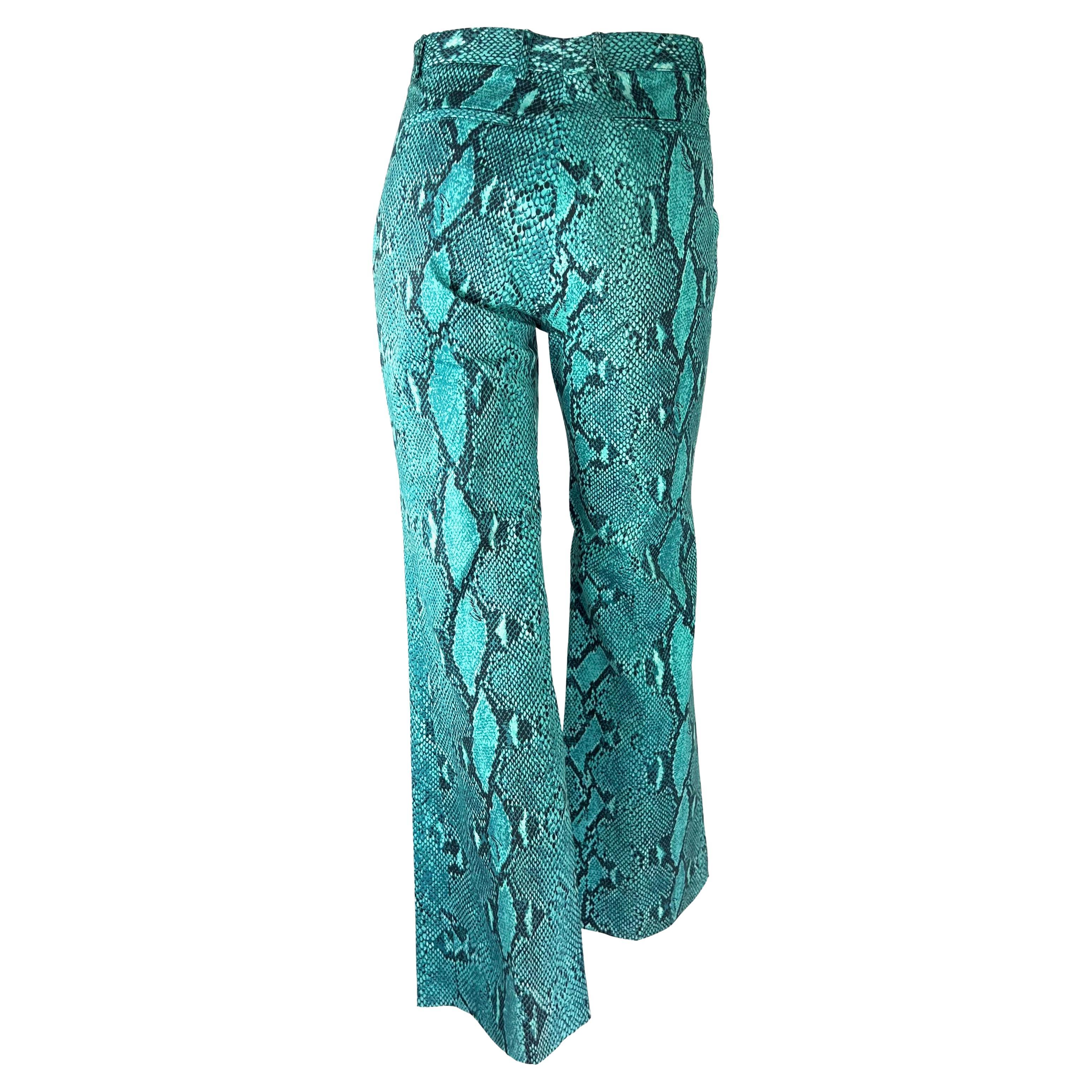 Blue S/S 2000 Gucci by Tom Ford Turquoise Snakeskin Logo Print Stretch Flare Pants