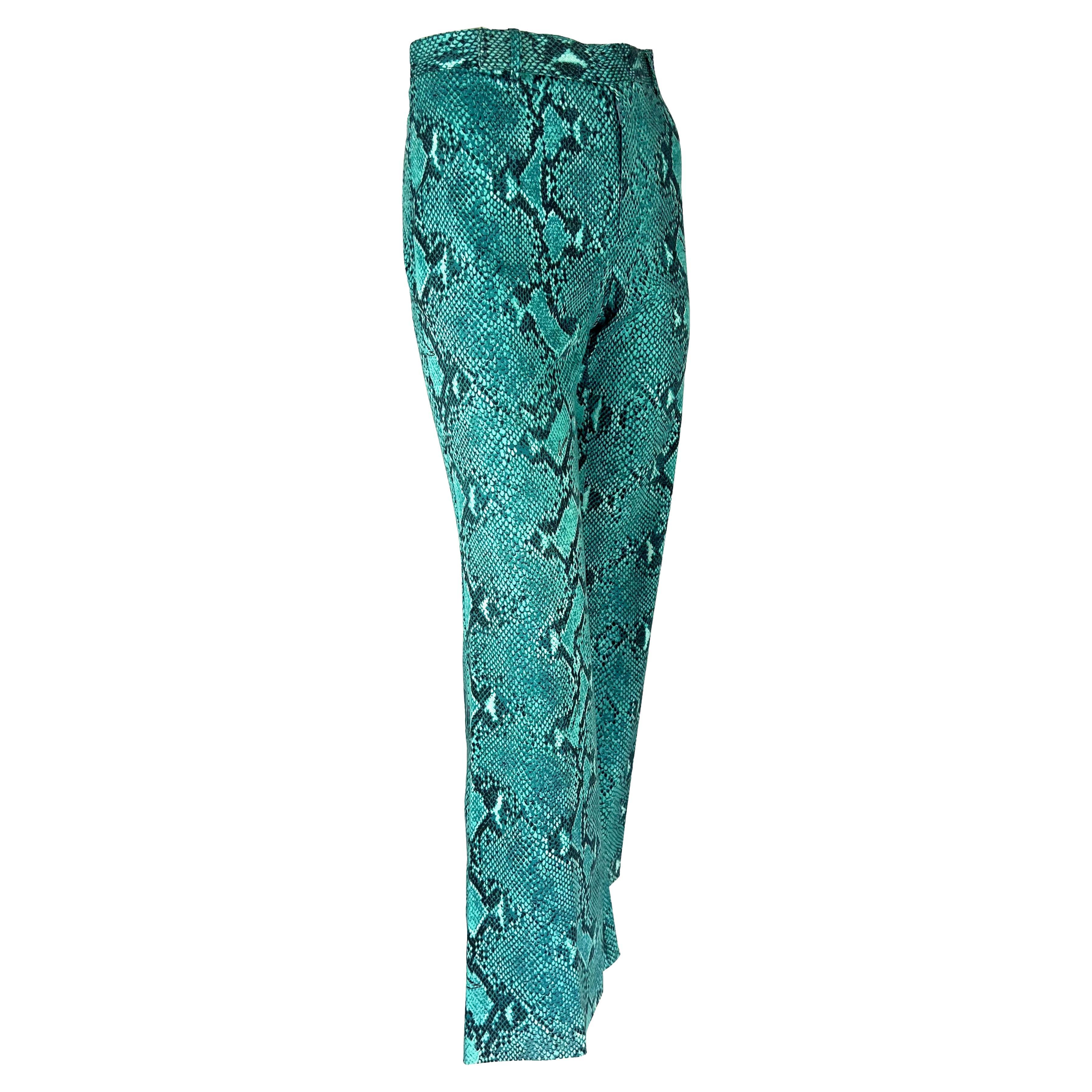 Women's S/S 2000 Gucci by Tom Ford Turquoise Snakeskin Logo Print Stretch Flare Pants