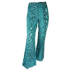 S/S 2000 Gucci by Tom Ford Turquoise Snakeskin Logo Print Stretch Flare Pants