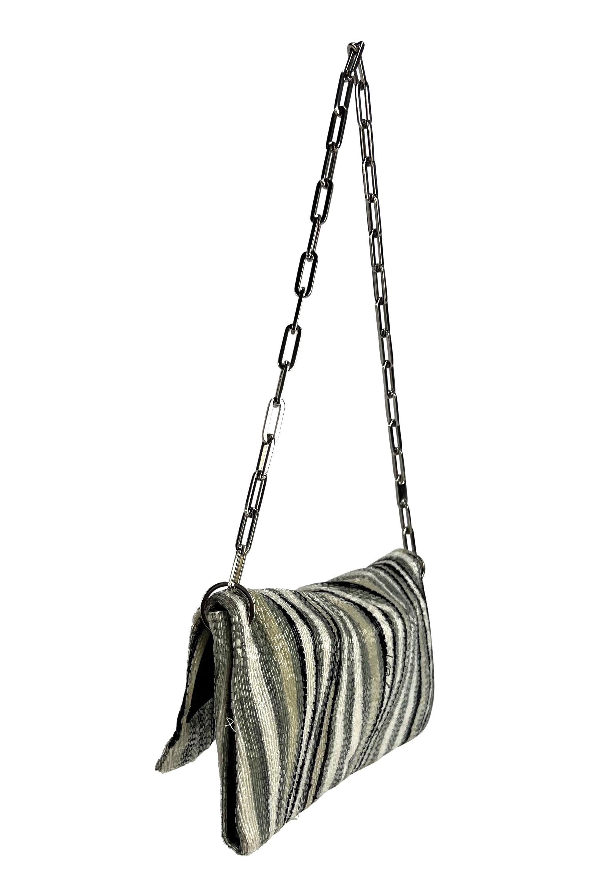 Gray S/S 2000 Gucci by Tom Ford White and Grey Beaded Abstract Print Chain Flap Bag