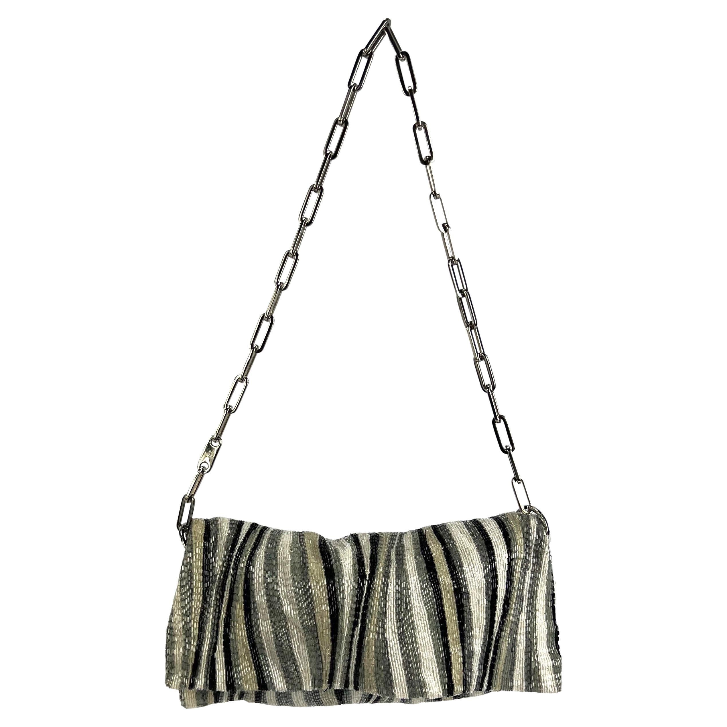 S/S 2000 Gucci by Tom Ford White and Grey Beaded Abstract Print Chain Flap Bag