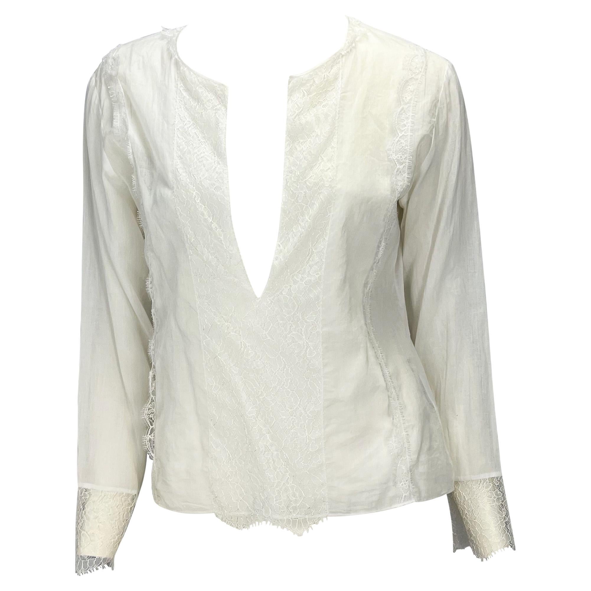 S/S 2000 Gucci by Tom Ford White Sheer Lace Appliqué Tunic Top