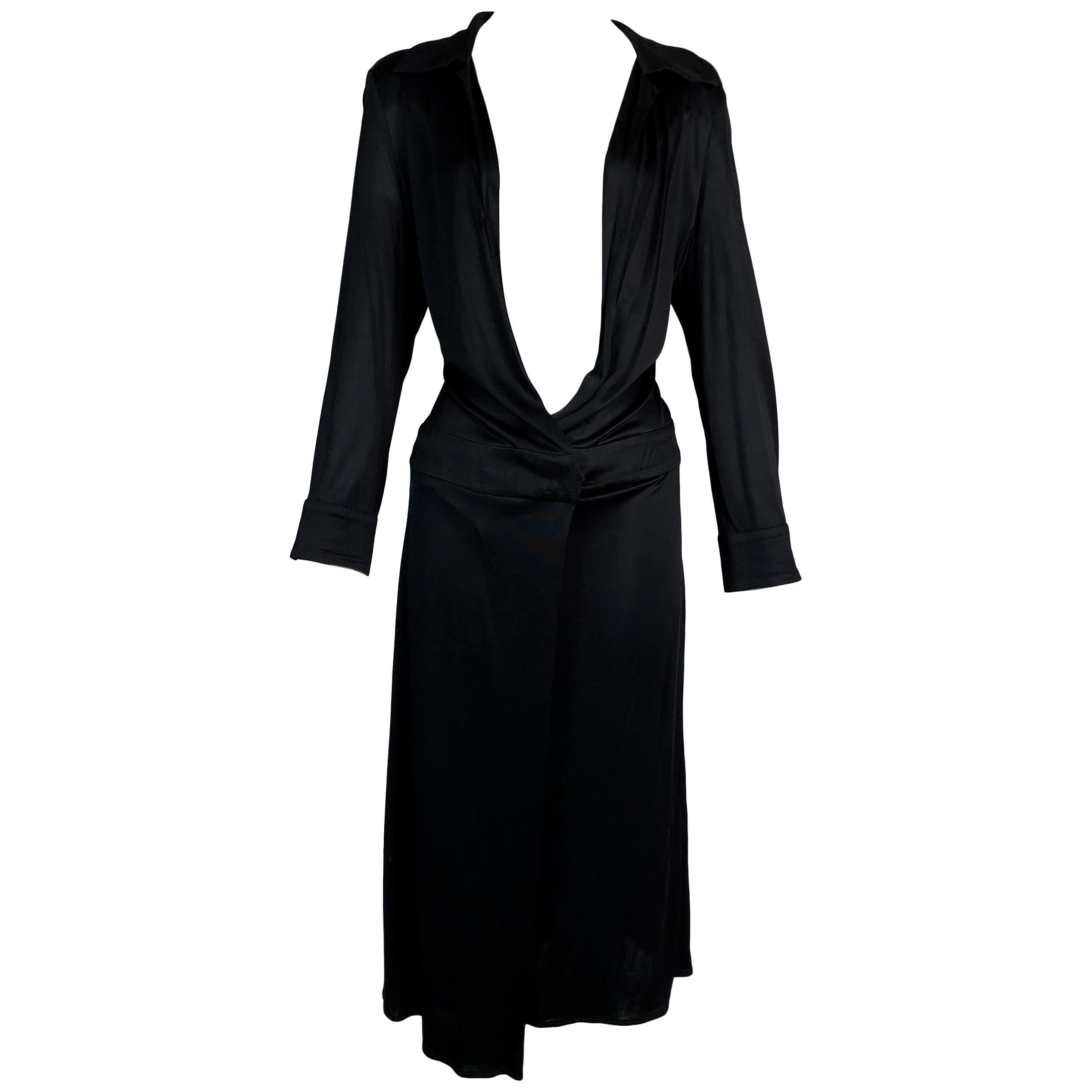 S/S 2000 Gucci Tom Ford Runway Plunging Open Chest Black L/S Dress