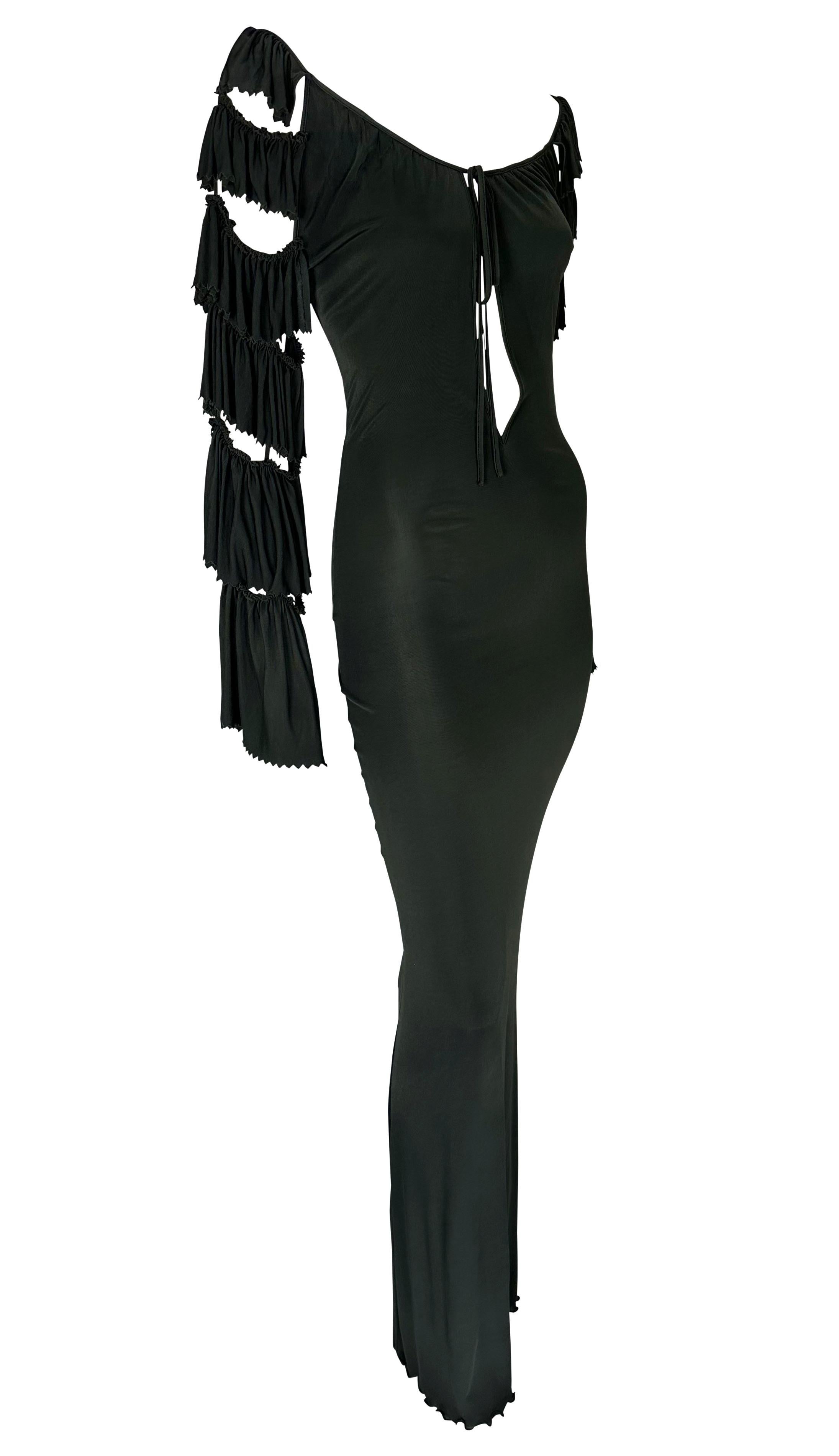 S/S 2000 Jean Paul Gaultier Tiered Ruffle Plunging Bodycon Green Viscose Dress In Good Condition In West Hollywood, CA