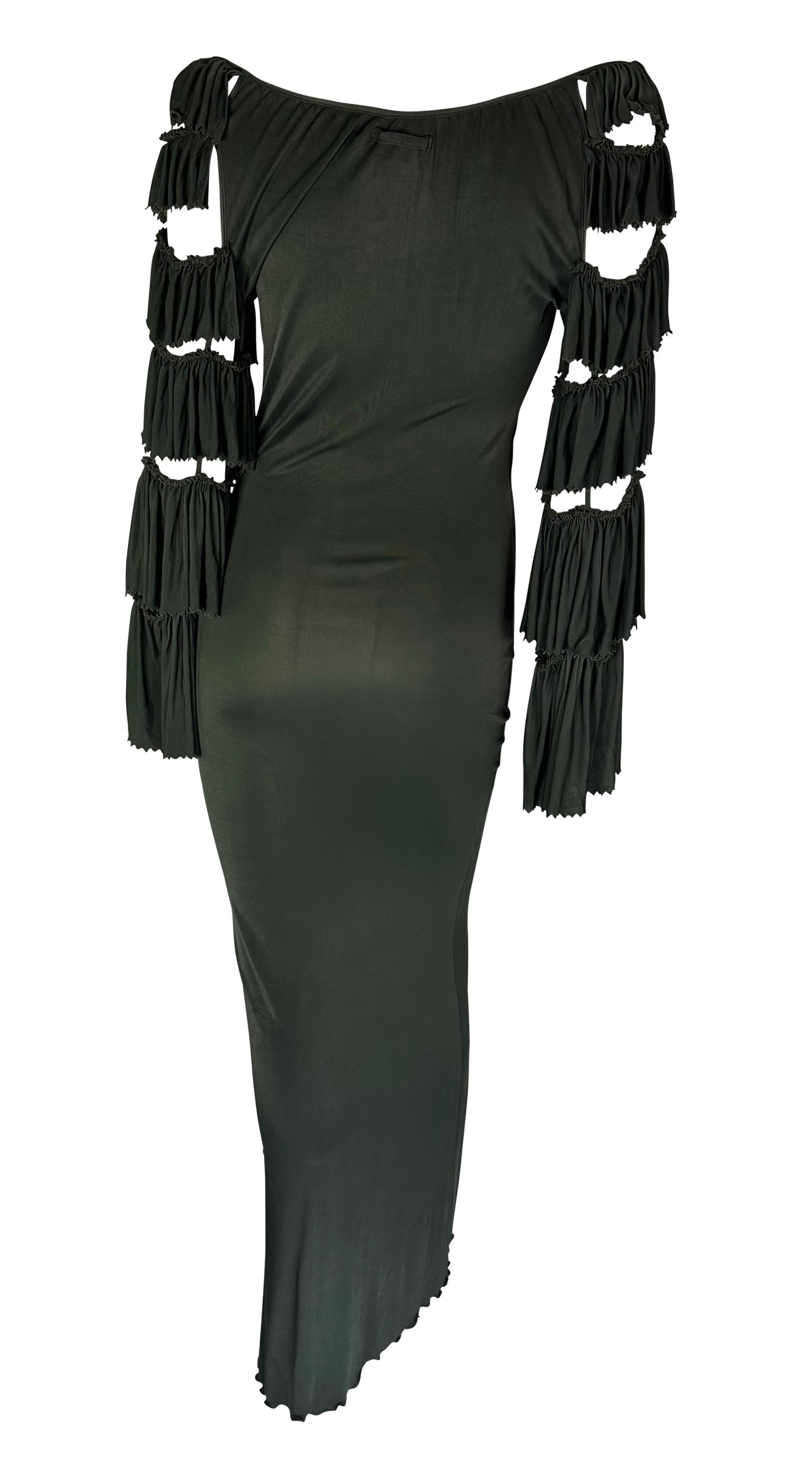 S/S 2000 Jean Paul Gaultier Tiered Ruffle Plunging Bodycon Green Viscose Dress 1