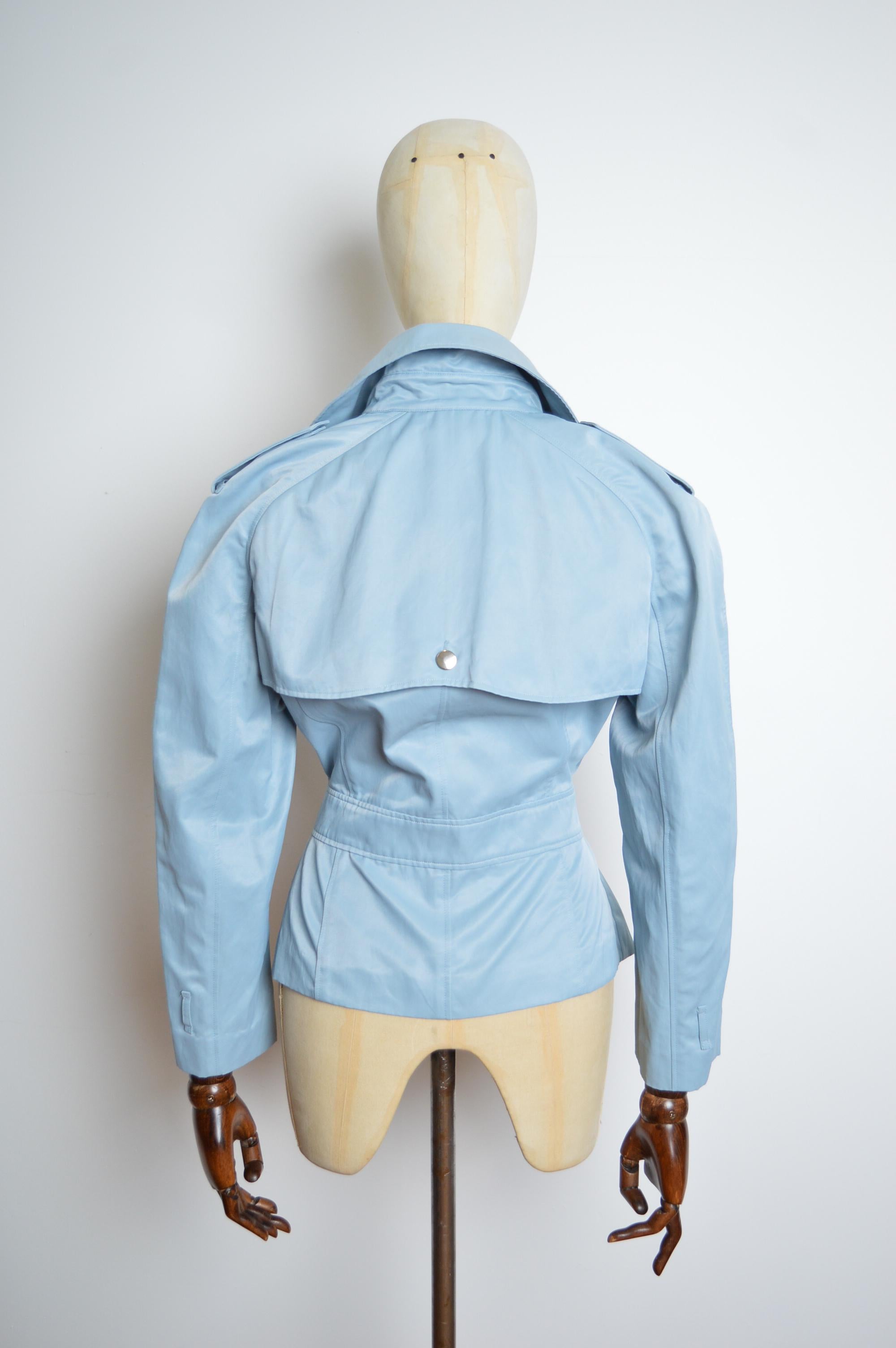 Women's S/S 2000 John Galliano Pale Blue Runway Trench Coat - Belted Short Jacket For Sale