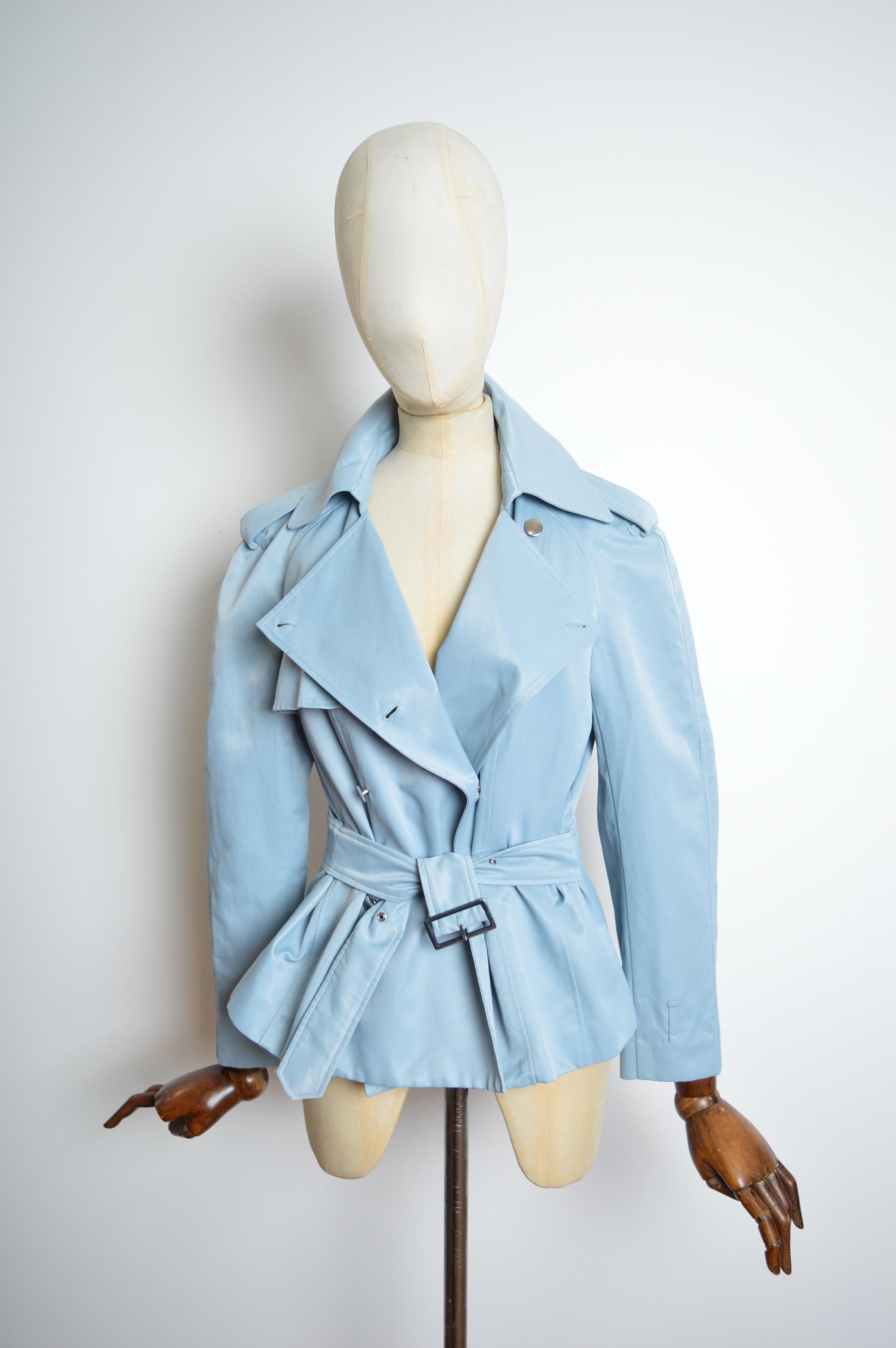 S/S 2000 John Galliano Pale Blue Runway Trench Coat - Belted Short Jacket For Sale 4