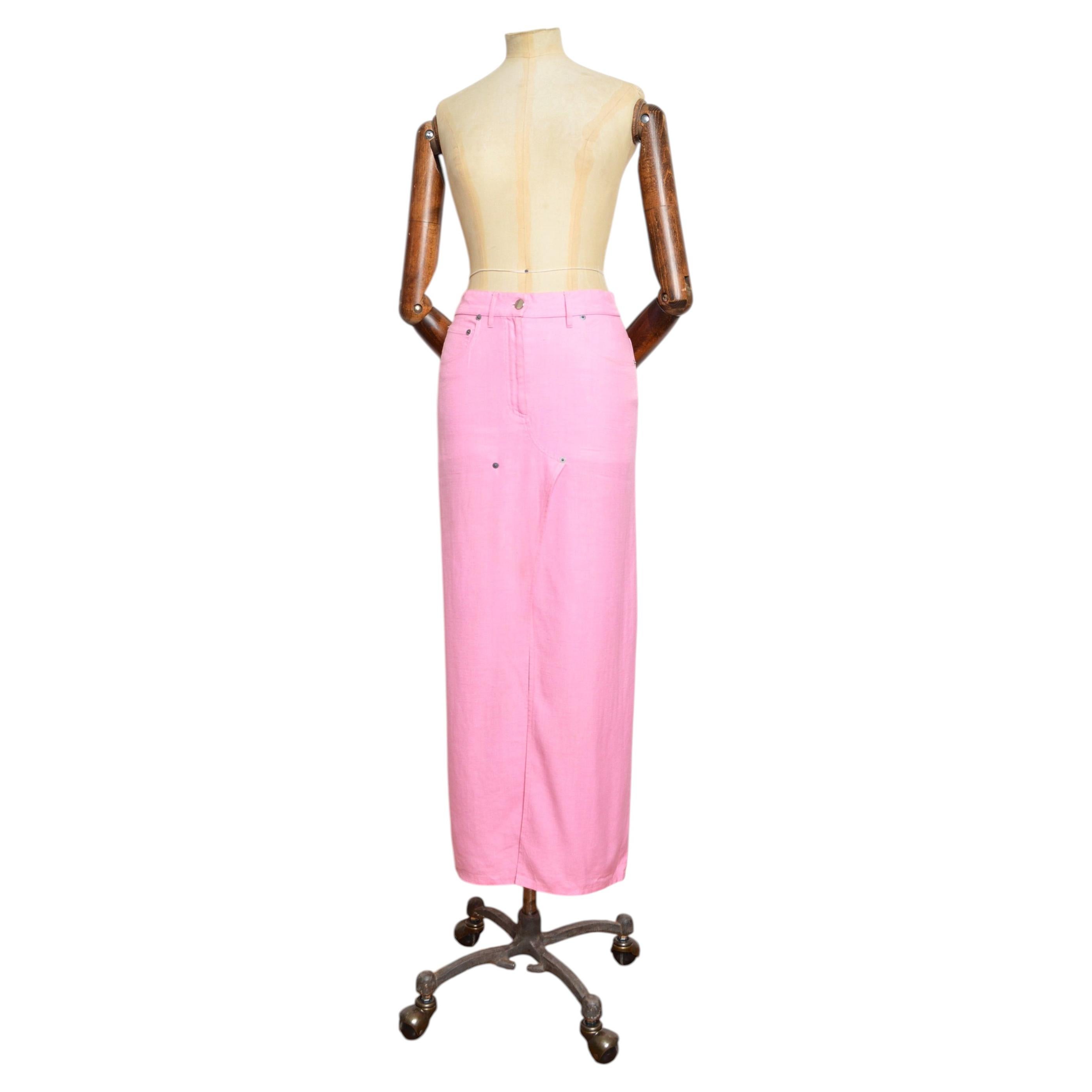 S/S 2000 John Galliano Rosey Light Pink Vintage long Linen Slit Maxi Skirt For Sale