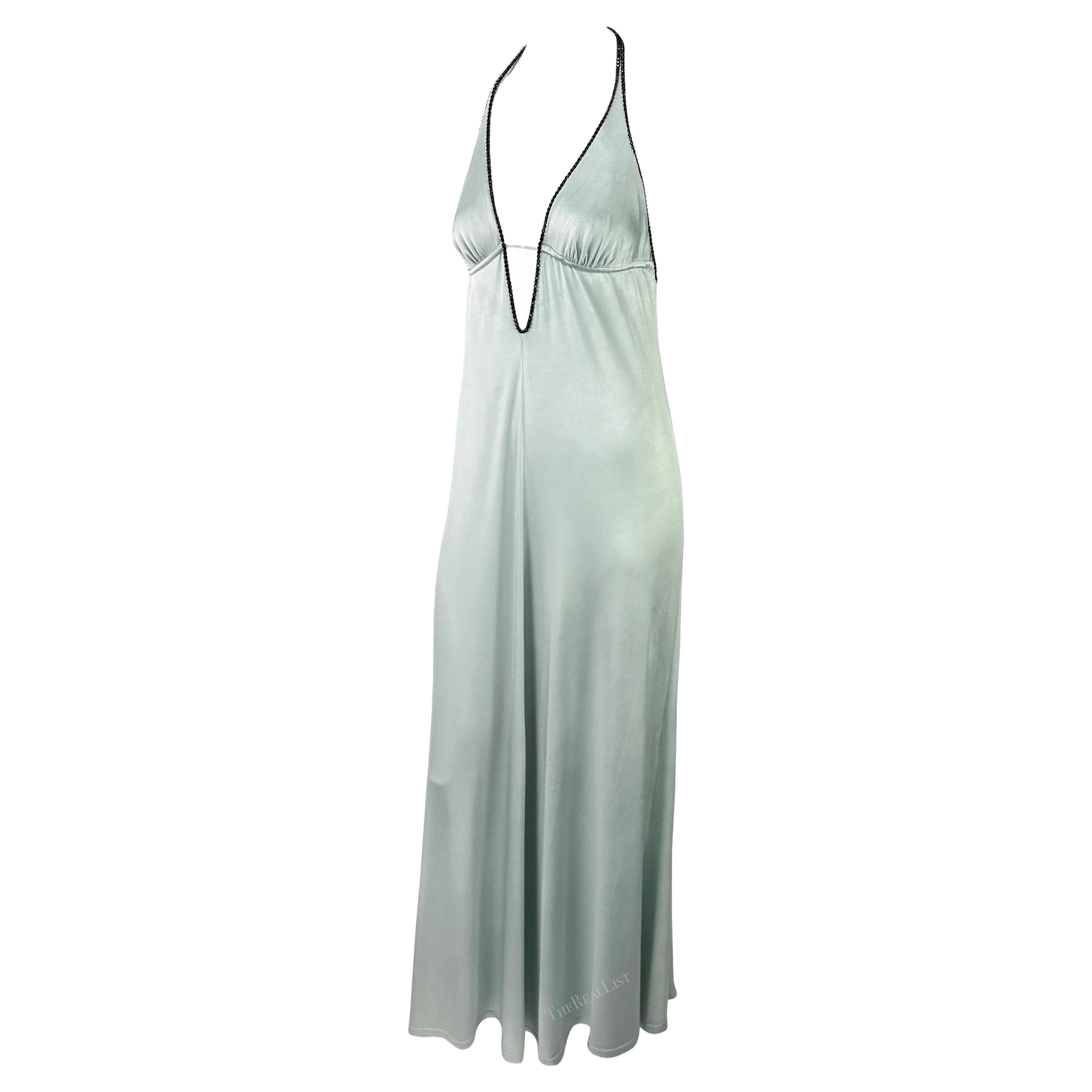 S/S 2000 Paco Rabanne Light Blue Satin Black Rhinestone Backless Halter Gown In Good Condition For Sale In West Hollywood, CA