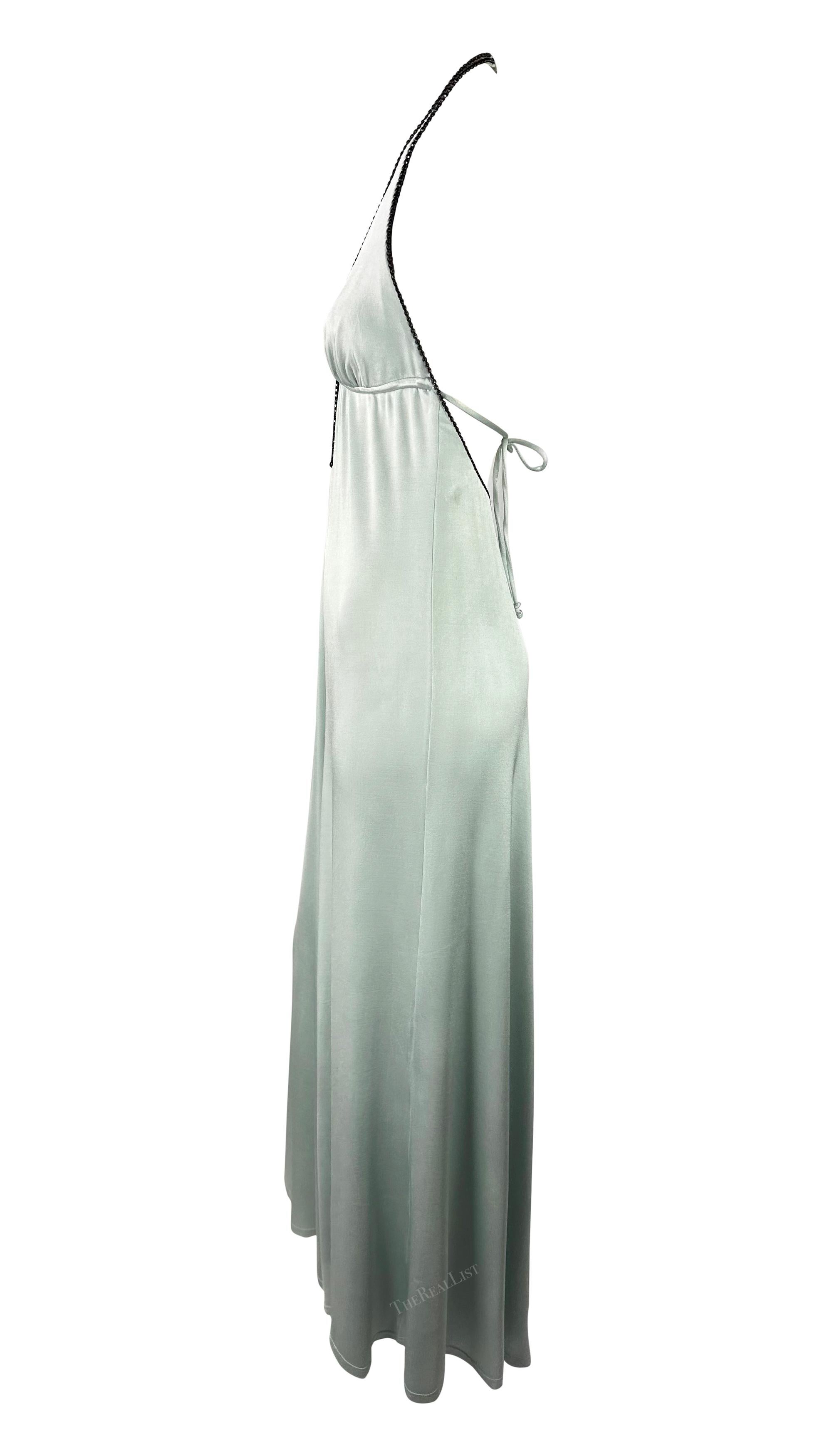 S/S 2000 Paco Rabanne Rückenfreies Neckholder-Kleid aus hellblauem Satin mit schwarzem Strass im Angebot 1