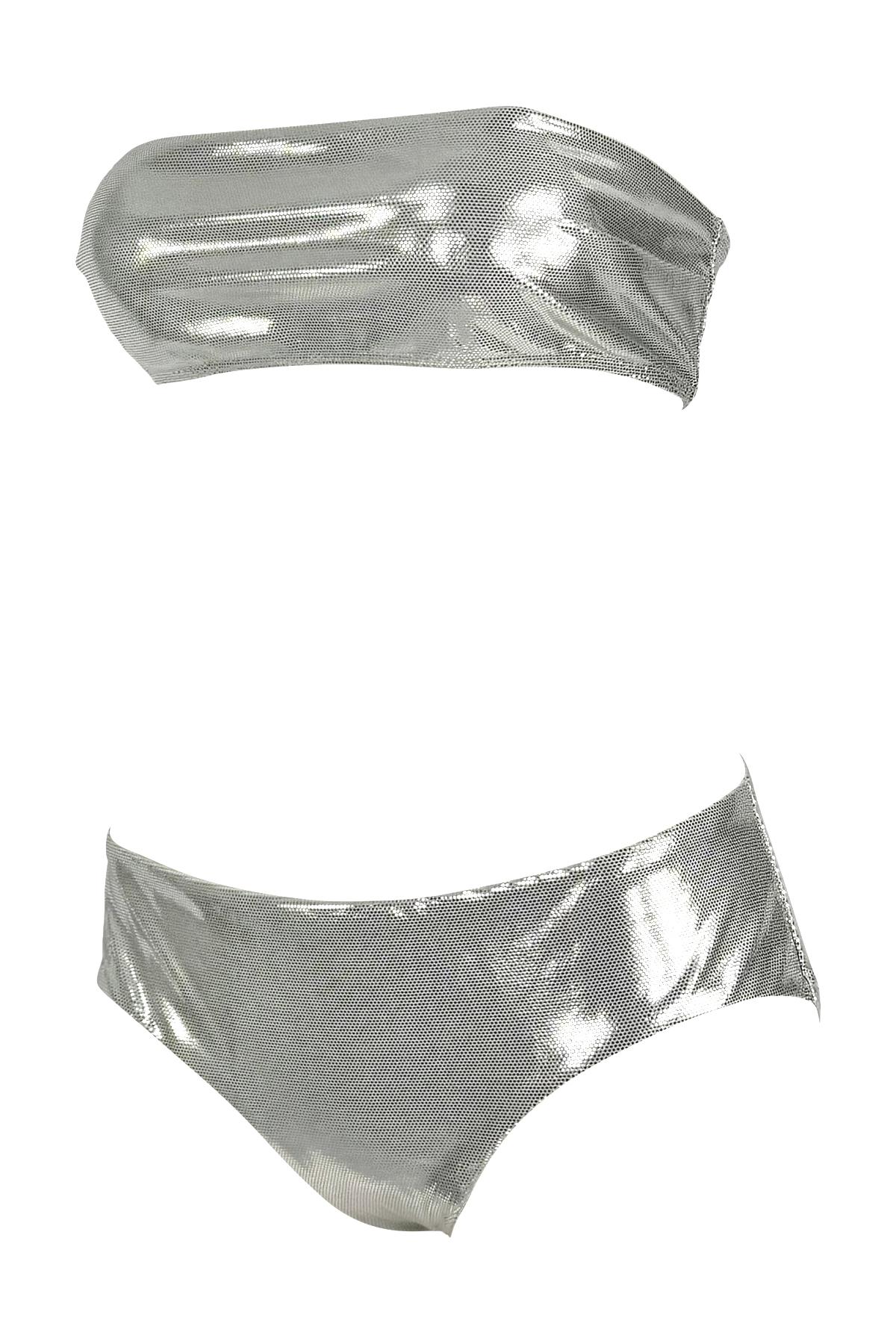 S/S 2000 Paco Rabanne Silver Metallic Strapless Bandeau Bikini Swim Set In Excellent Condition For Sale In West Hollywood, CA
