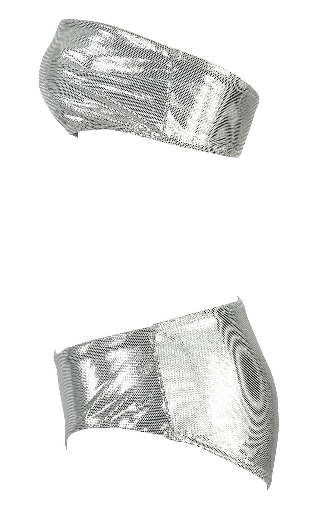Women's S/S 2000 Paco Rabanne Silver Metallic Strapless Bandeau Bikini Swim Set For Sale