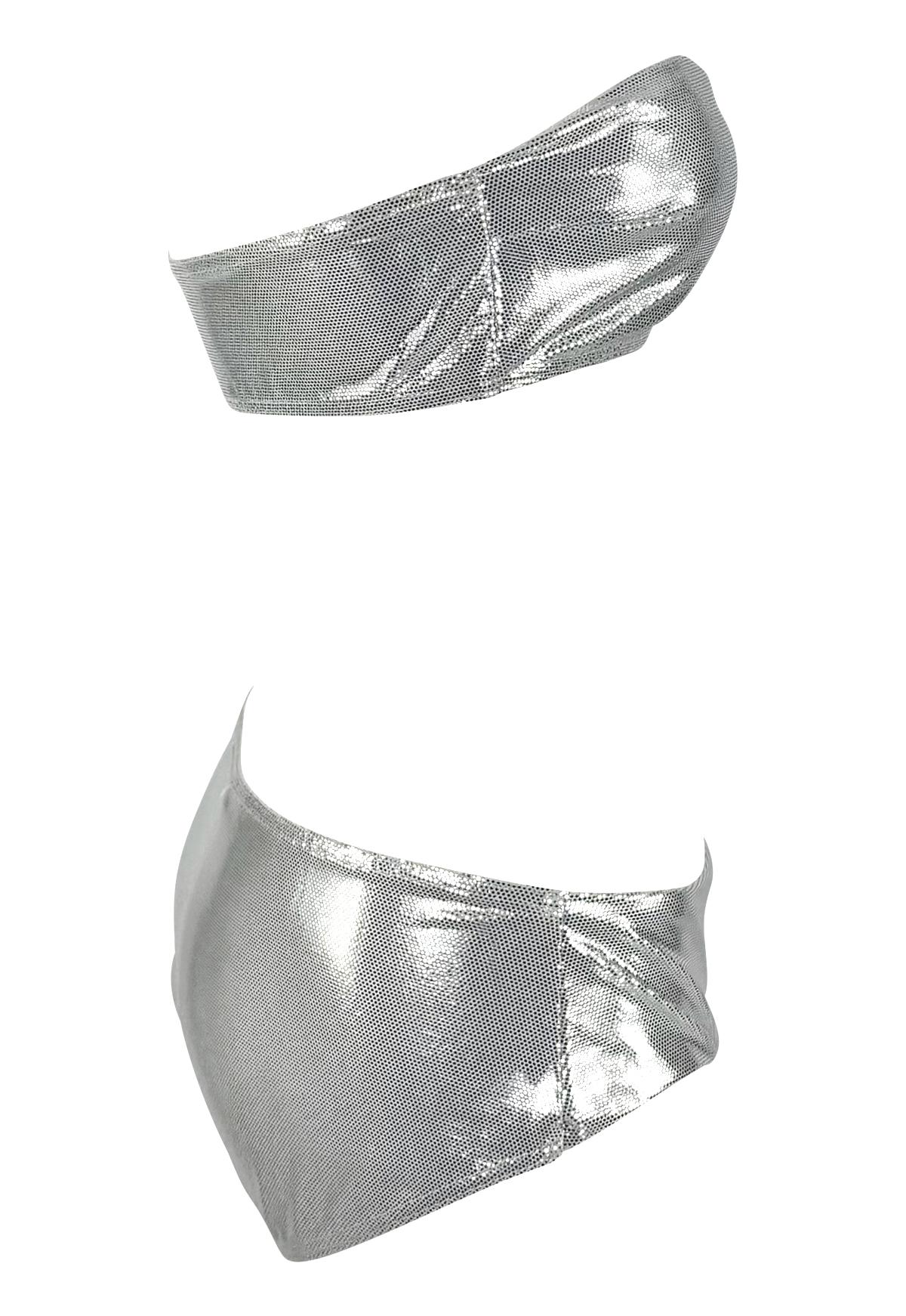 S/S 2000 Paco Rabanne Silver Metallic Strapless Bandeau Bikini Swim Set For Sale 2