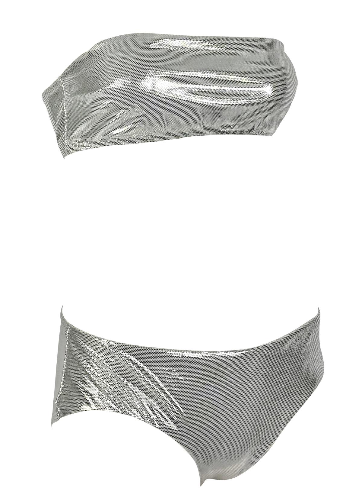 S/S 2000 Paco Rabanne Silver Metallic Strapless Bandeau Bikini Swim Set For Sale 3