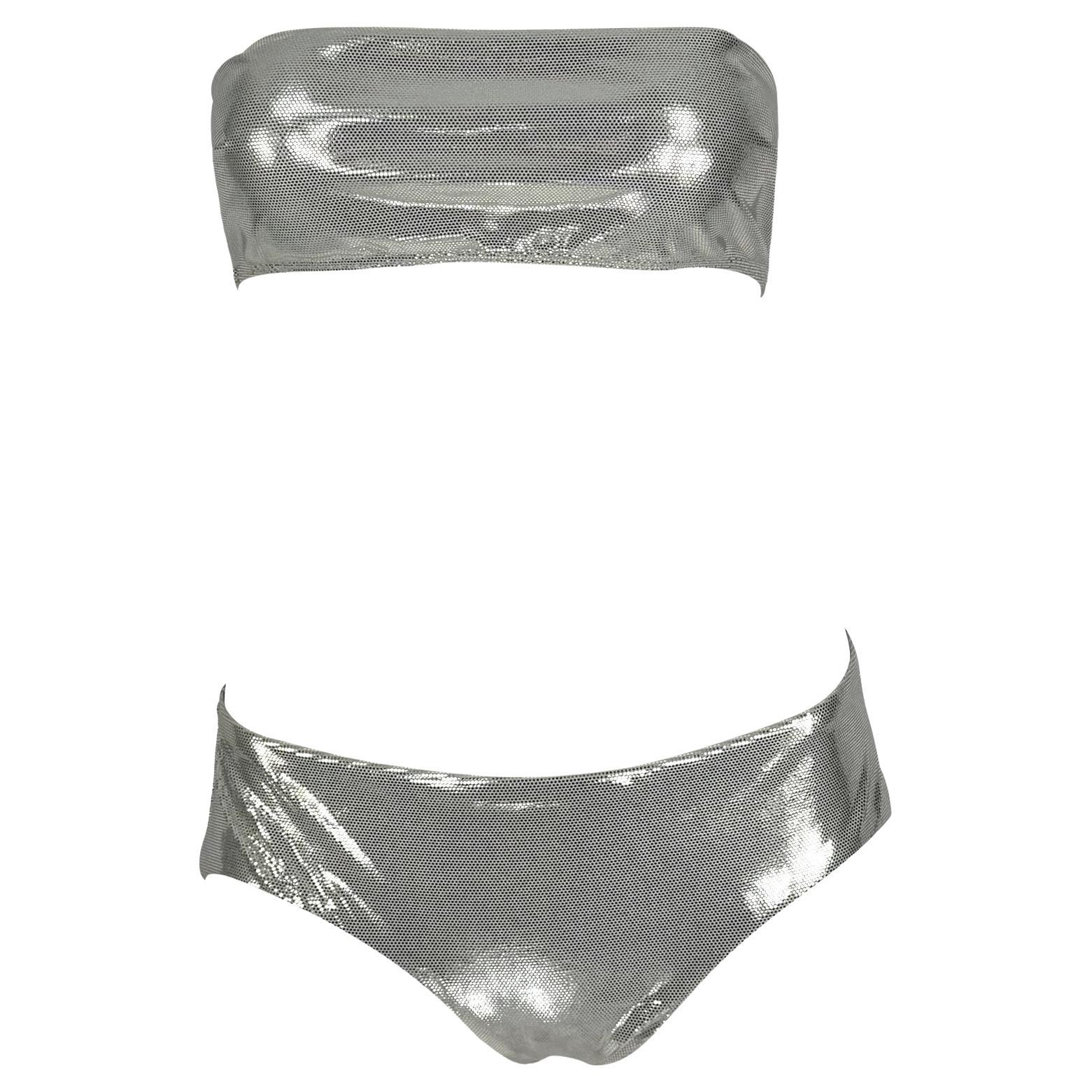 S/S 2000 Paco Rabanne Silver Metallic Strapless Bandeau Bikini Swim Set For Sale