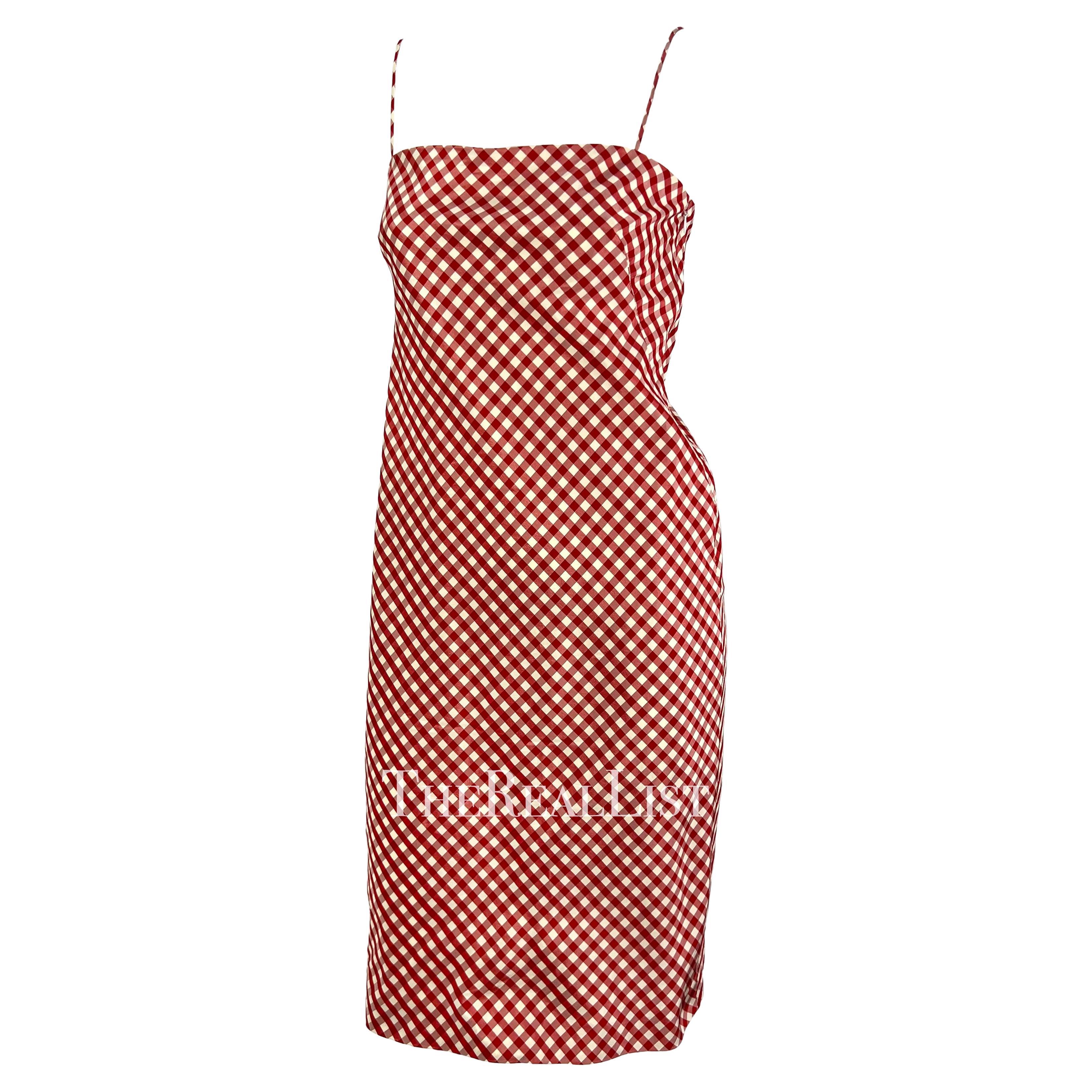 Women's S/S 2000 Ralph Lauren Red Gingham Print Silk Taffeta Slip Runway Dress