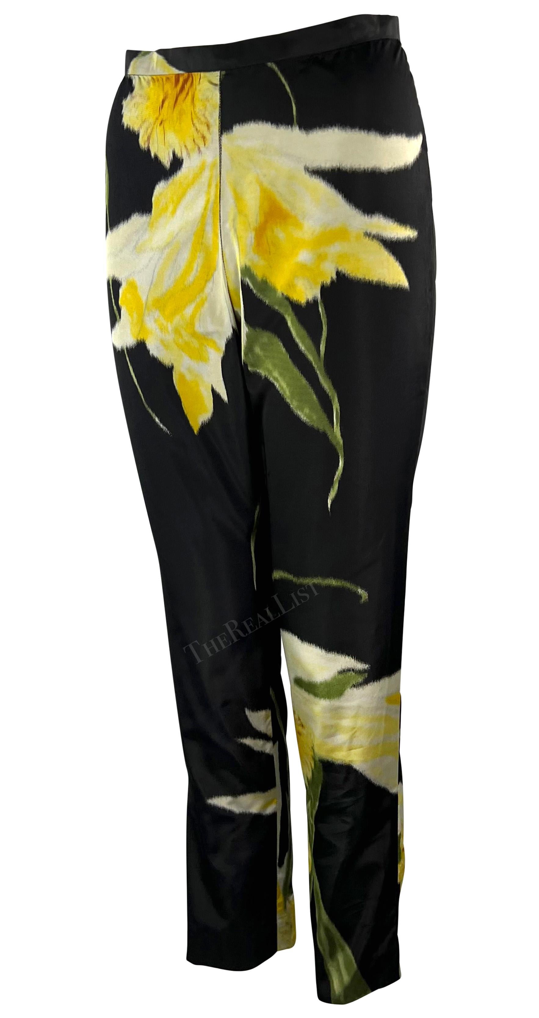 S/S 2000 Ralph Lauren Runway Black Silk Taffeta Yellow Floral Cigarette Pants For Sale 1