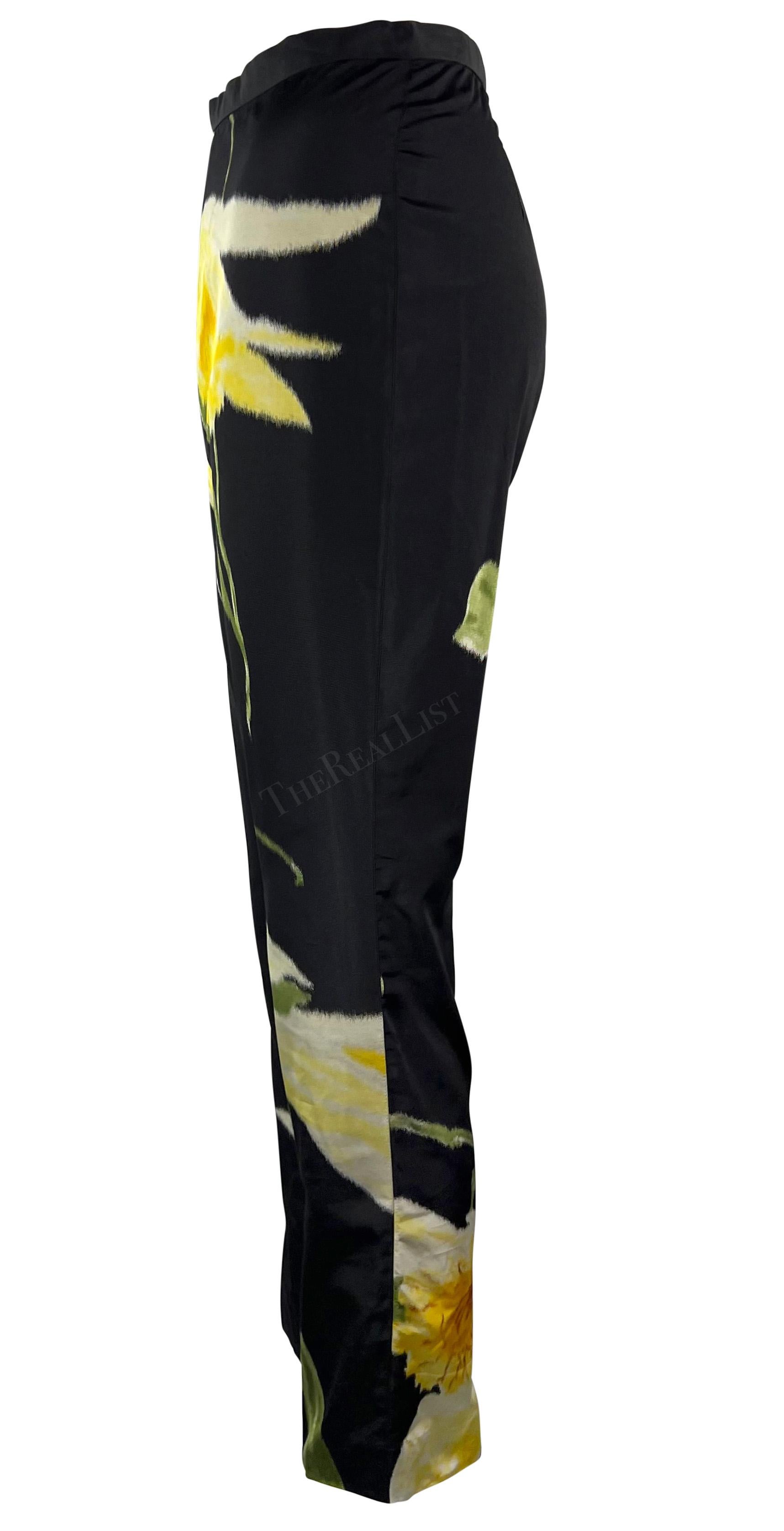 S/S 2000 Ralph Lauren Runway Black Silk Taffeta Yellow Floral Cigarette Pants For Sale 2