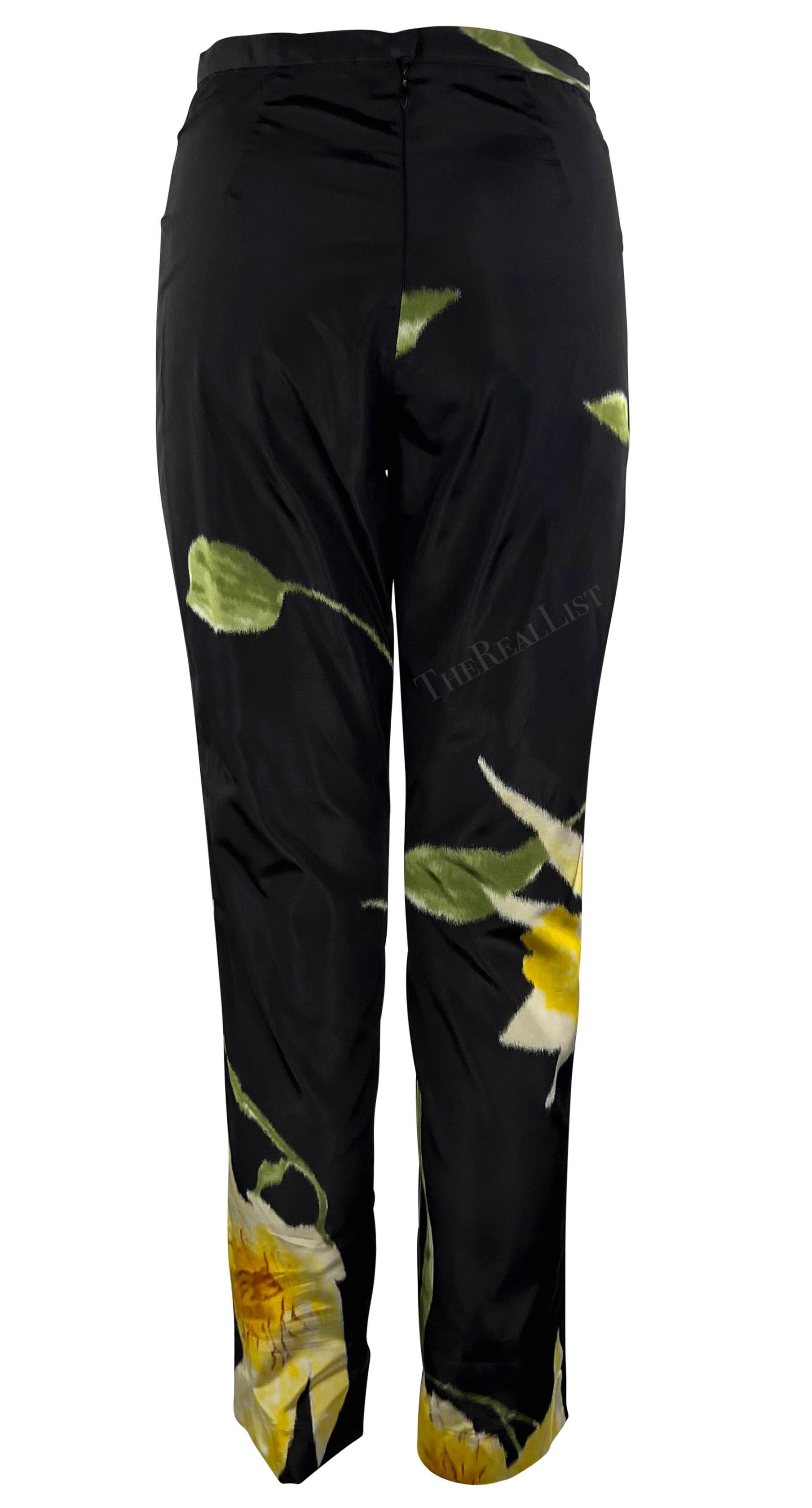 S/S 2000 Ralph Lauren Runway Black Silk Taffeta Yellow Floral Cigarette Pants For Sale 3