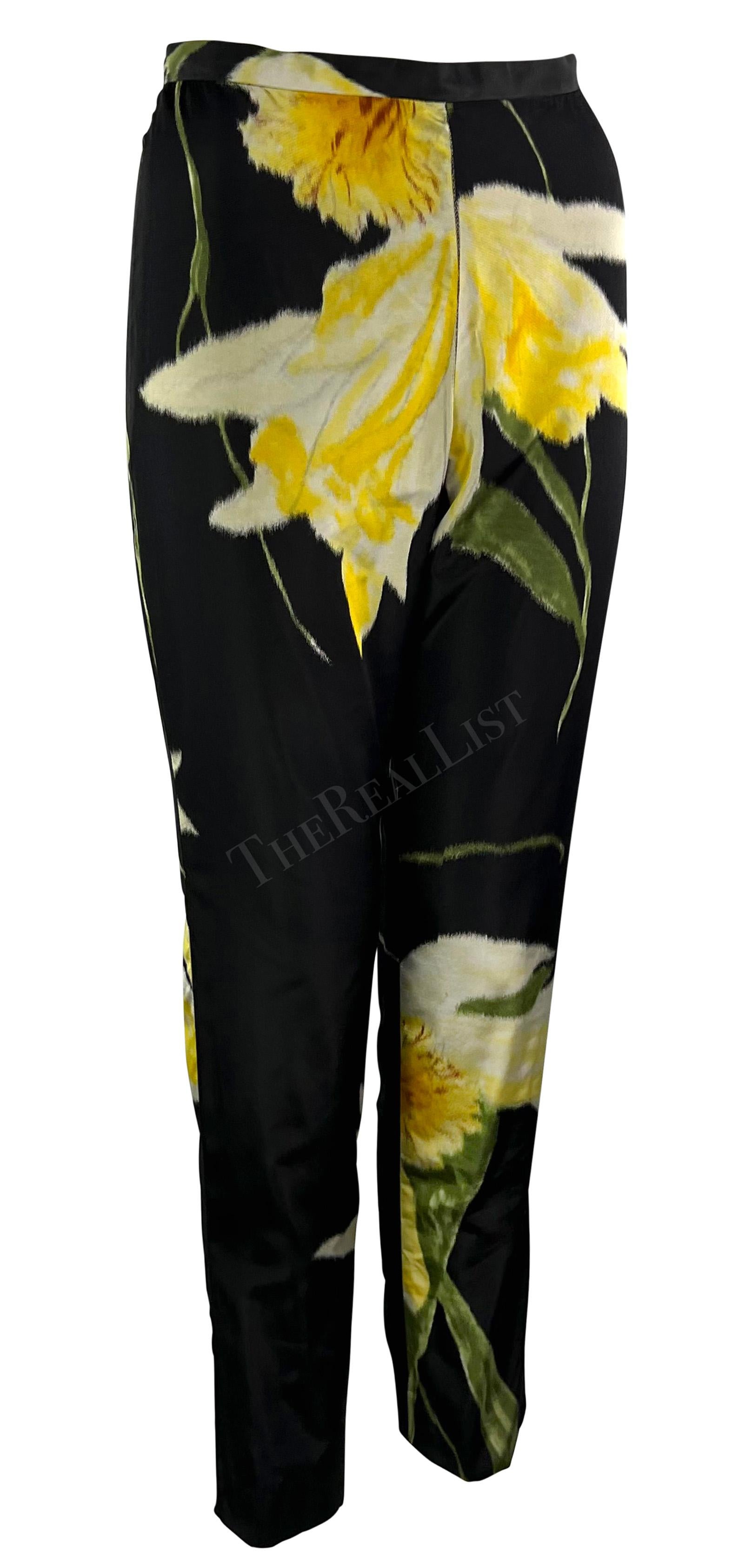 S/S 2000 Ralph Lauren Runway Black Silk Taffeta Yellow Floral Cigarette Pants For Sale 5