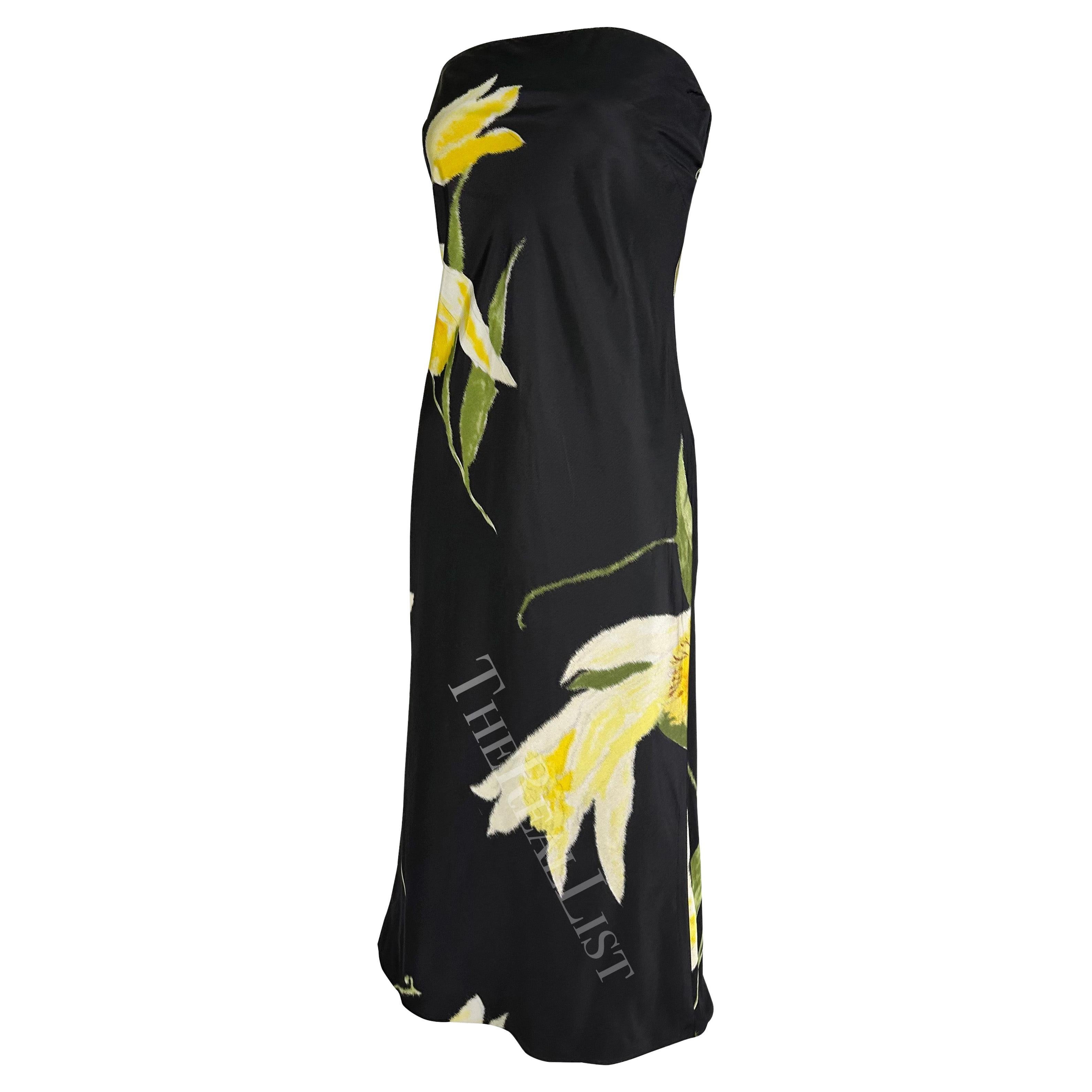 S/S 2000 Ralph Lauren Runway Black Yellow Floral Strapless Cocktail Dress For Sale 1