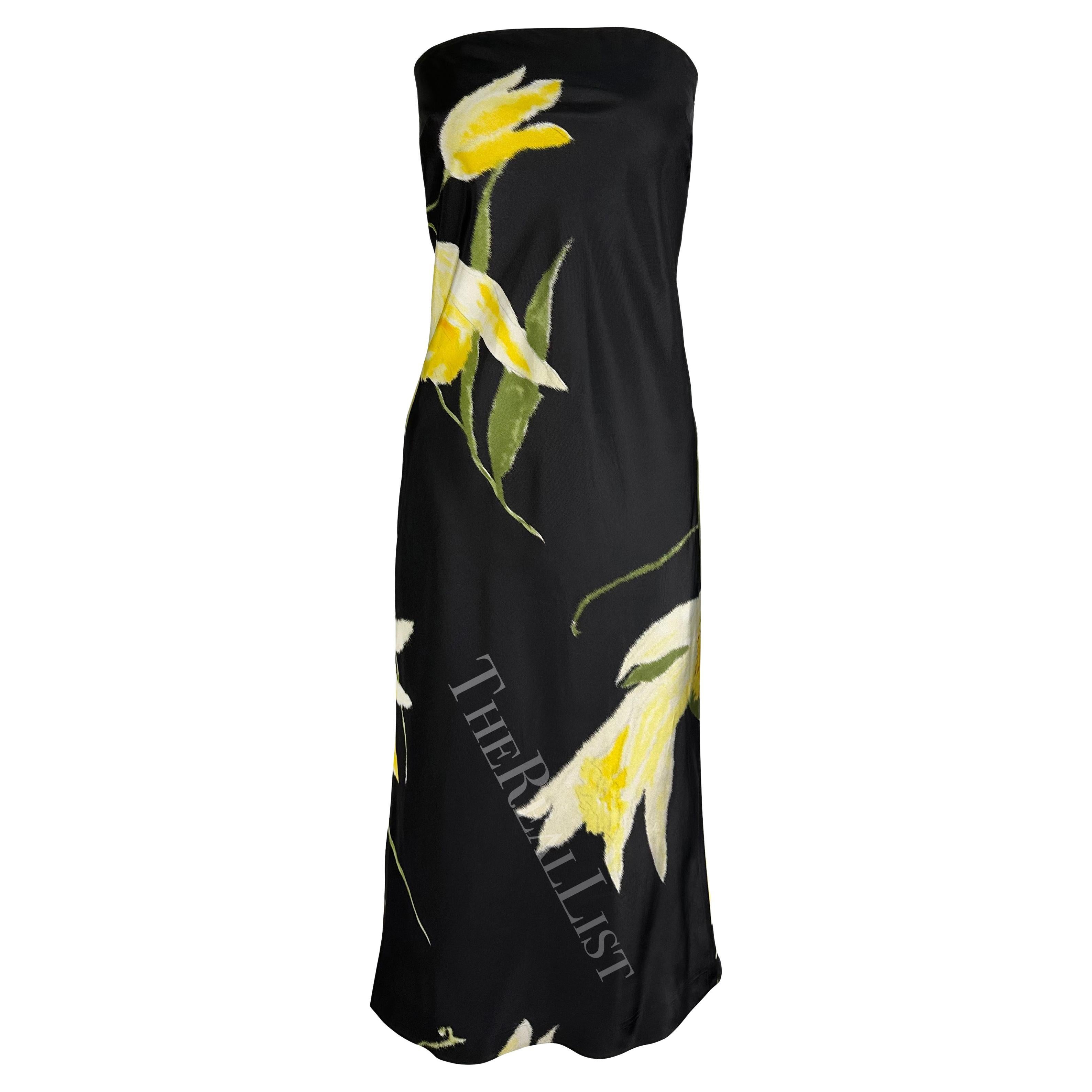 S/S 2000 Ralph Lauren Runway Black Yellow Floral Strapless Cocktail Dress For Sale