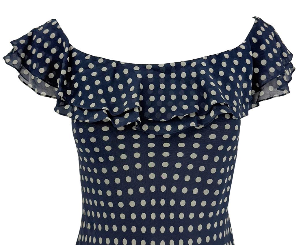 Nero P/E 2000 Ralph Lauren - Vestito in chiffon di seta trasparente blu navy a pois in vendita
