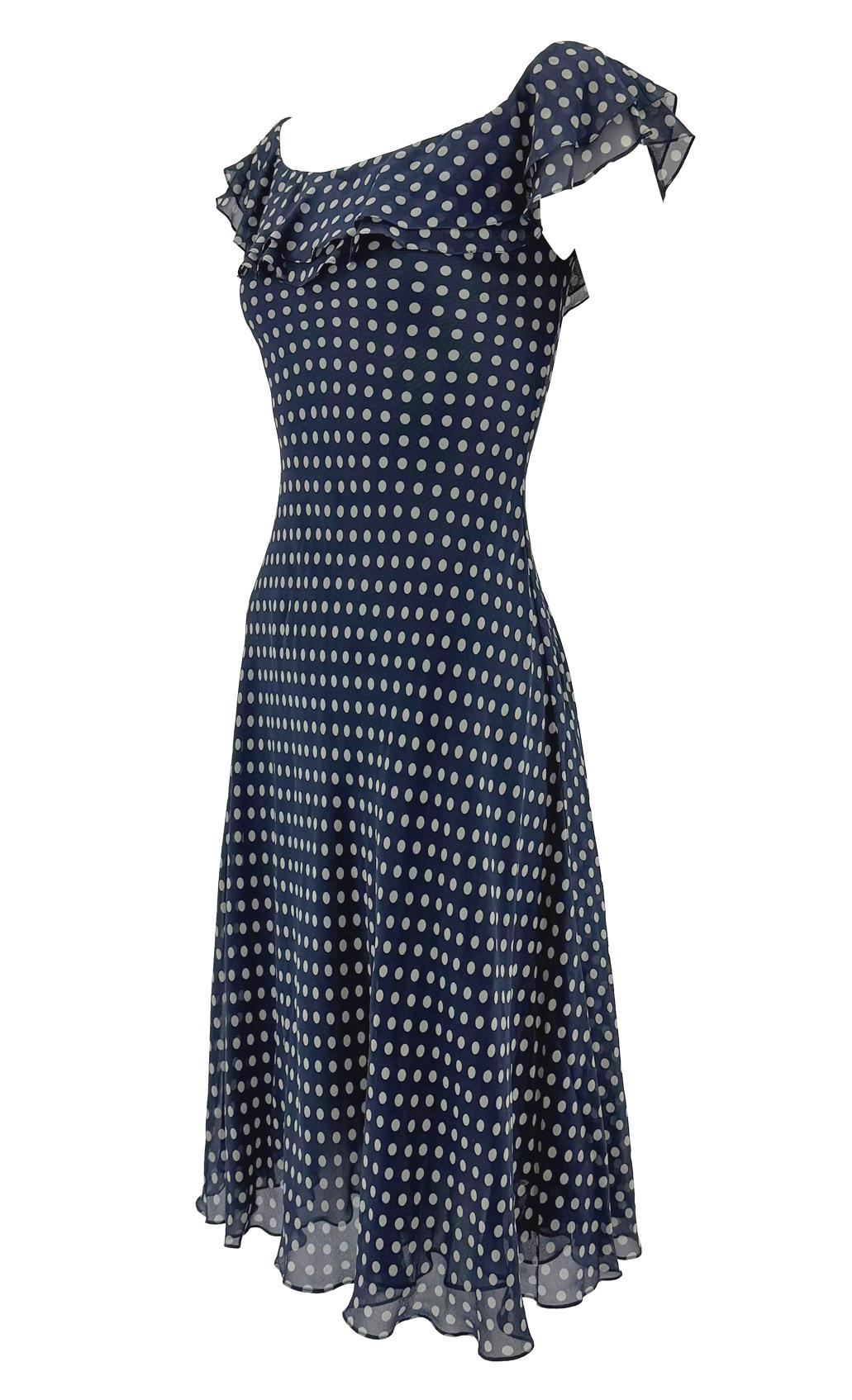 P/E 2000 Ralph Lauren - Vestito in chiffon di seta trasparente blu navy a pois In condizioni ottime in vendita a West Hollywood, CA