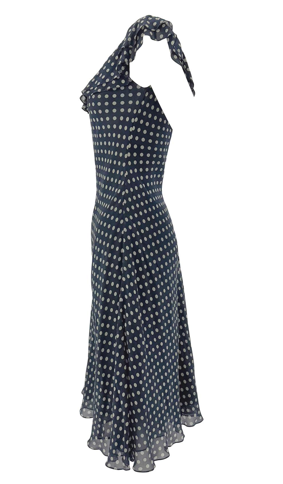 Donna P/E 2000 Ralph Lauren - Vestito in chiffon di seta trasparente blu navy a pois in vendita