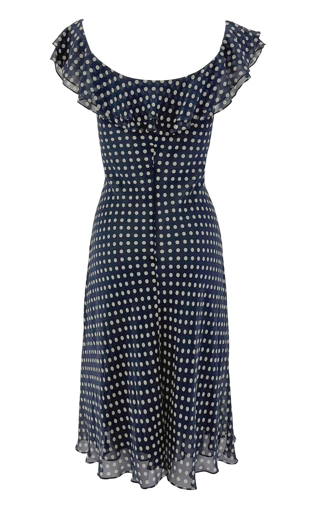P/E 2000 Ralph Lauren - Vestito in chiffon di seta trasparente blu navy a pois in vendita 1