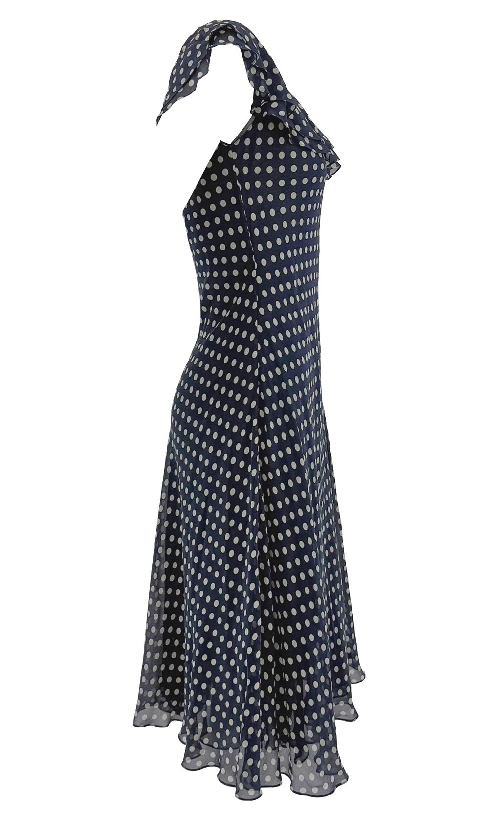 P/E 2000 Ralph Lauren - Vestito in chiffon di seta trasparente blu navy a pois in vendita 2