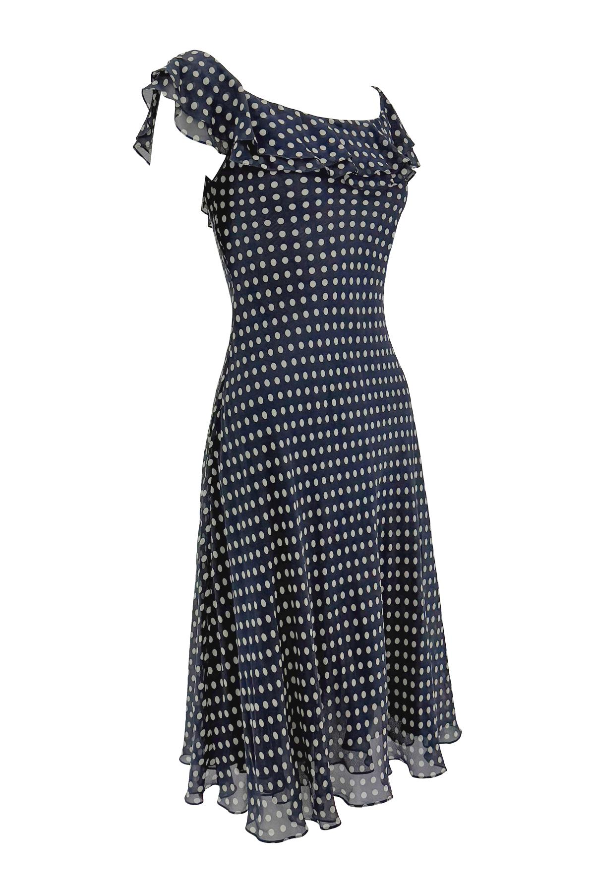 P/E 2000 Ralph Lauren - Vestito in chiffon di seta trasparente blu navy a pois in vendita 3