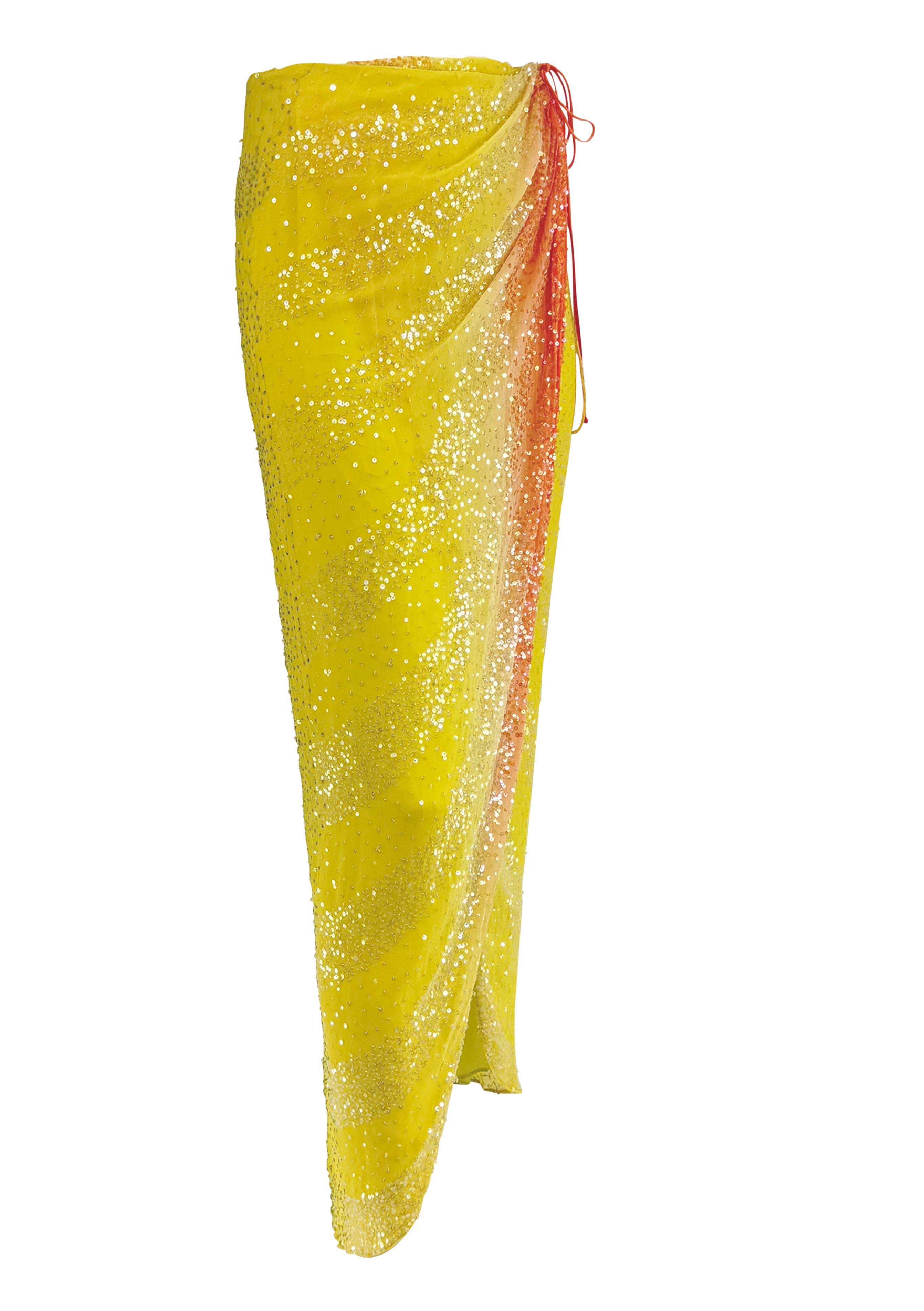 S/S 2000 Randolph Duke Yellow Silk Sequin Orange Ombré Wrap Maxi Skirt For Sale 7