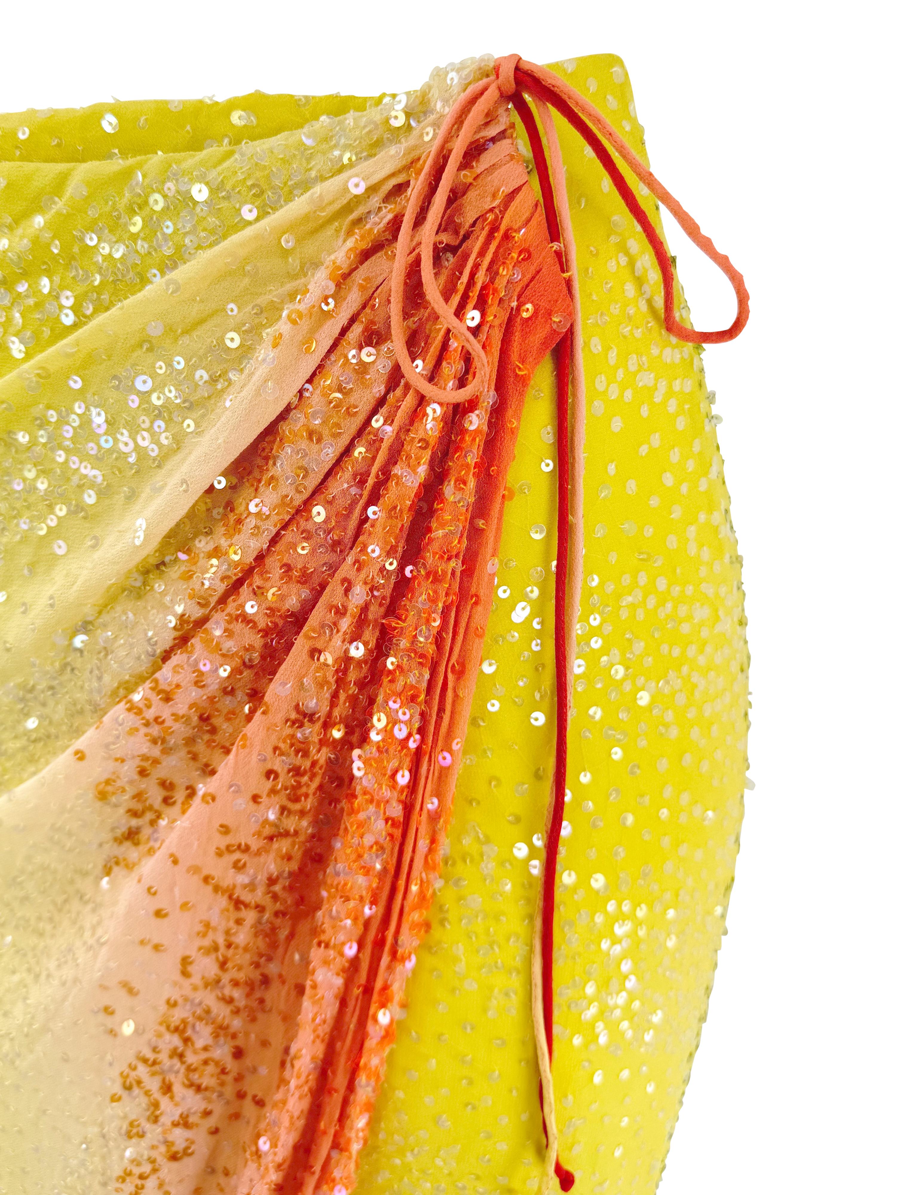 S/S 2000 Randolph Duke Yellow Silk Sequin Orange Ombré Wrap Maxi Skirt In Excellent Condition For Sale In West Hollywood, CA