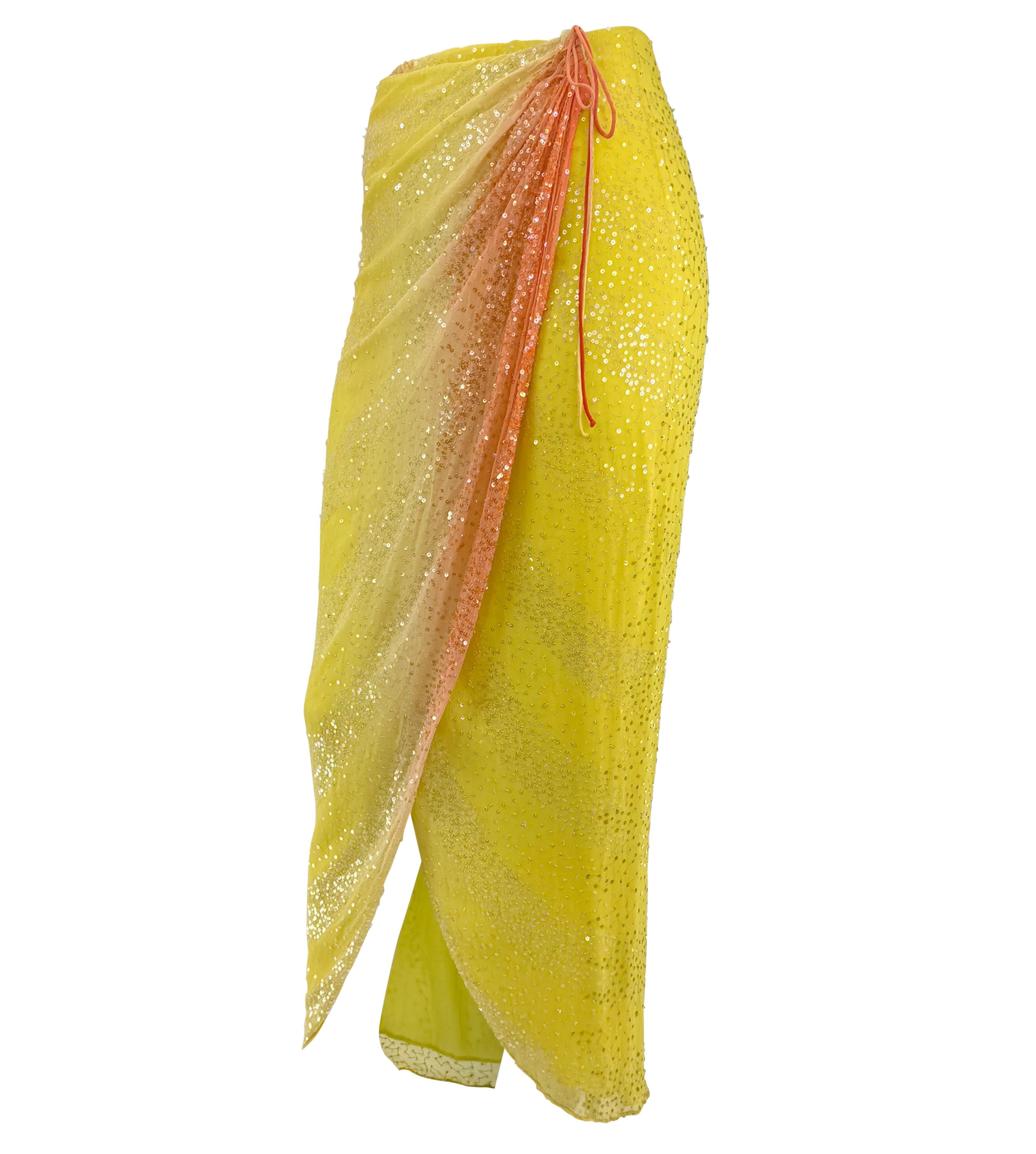 Women's S/S 2000 Randolph Duke Yellow Silk Sequin Orange Ombré Wrap Maxi Skirt For Sale