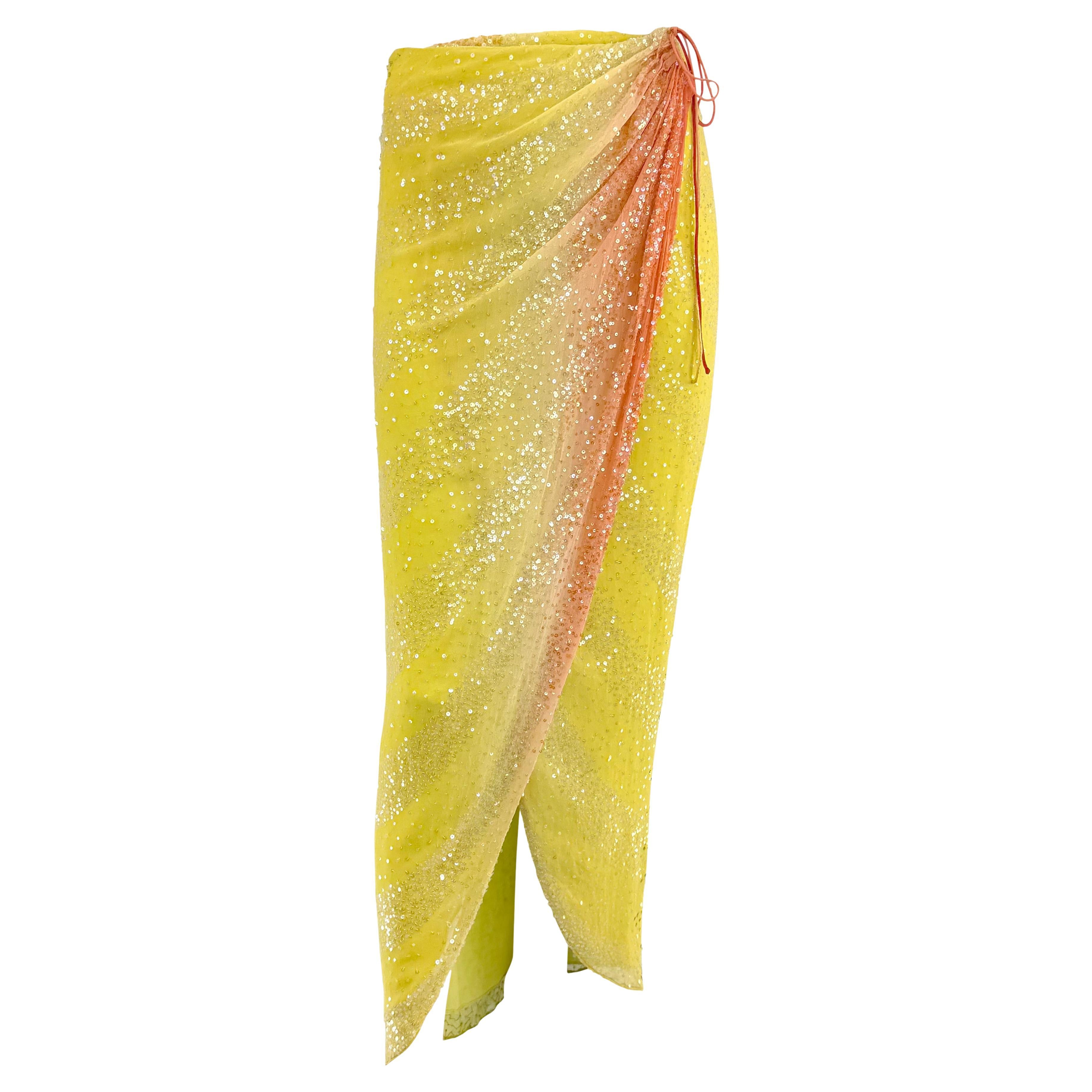 S/S 2000 Randolph Duke Yellow Silk Sequin Orange Ombré Wrap Maxi Skirt For Sale