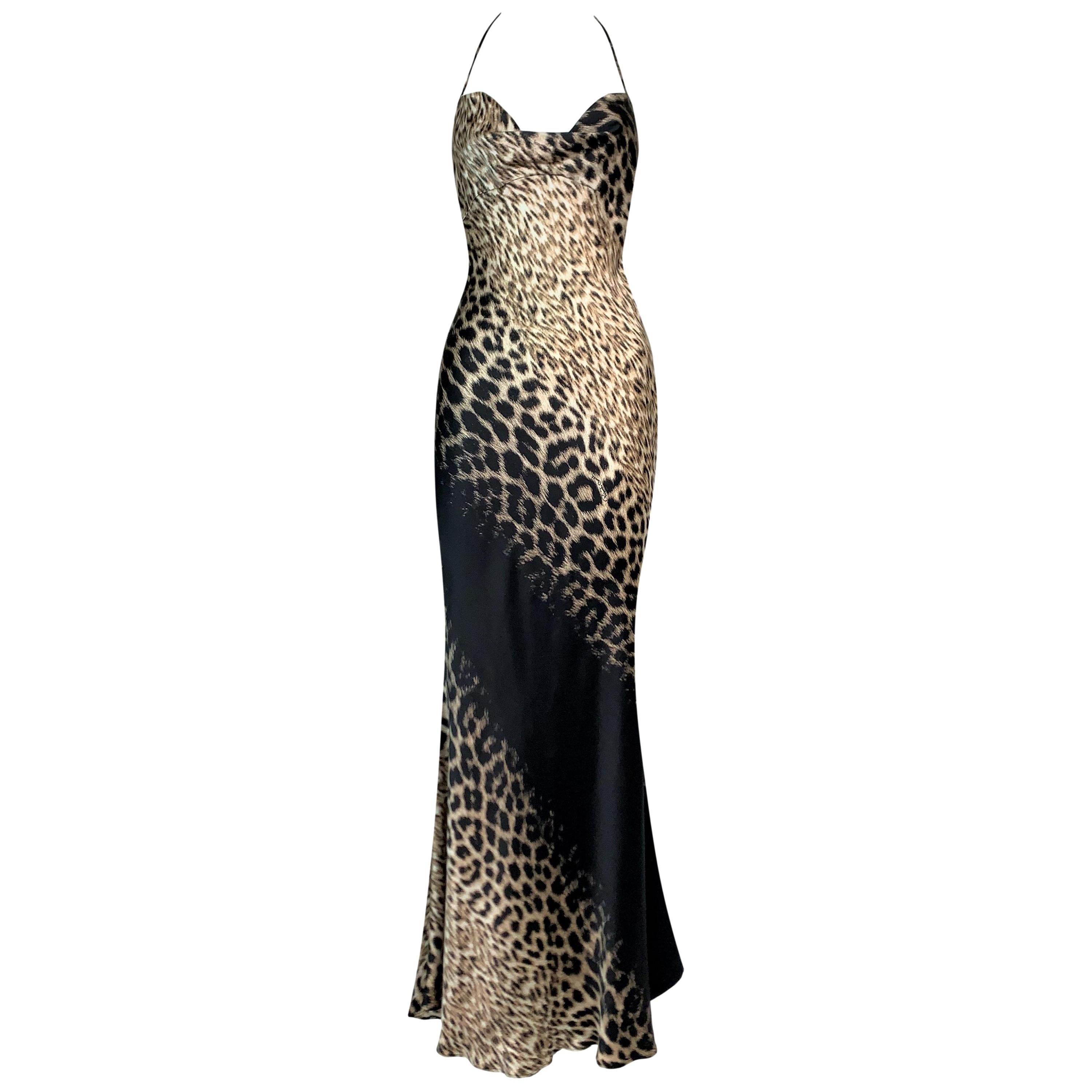 F/W 2000 Roberto Cavalli Runway Leopard Silk Halter Gown Dress