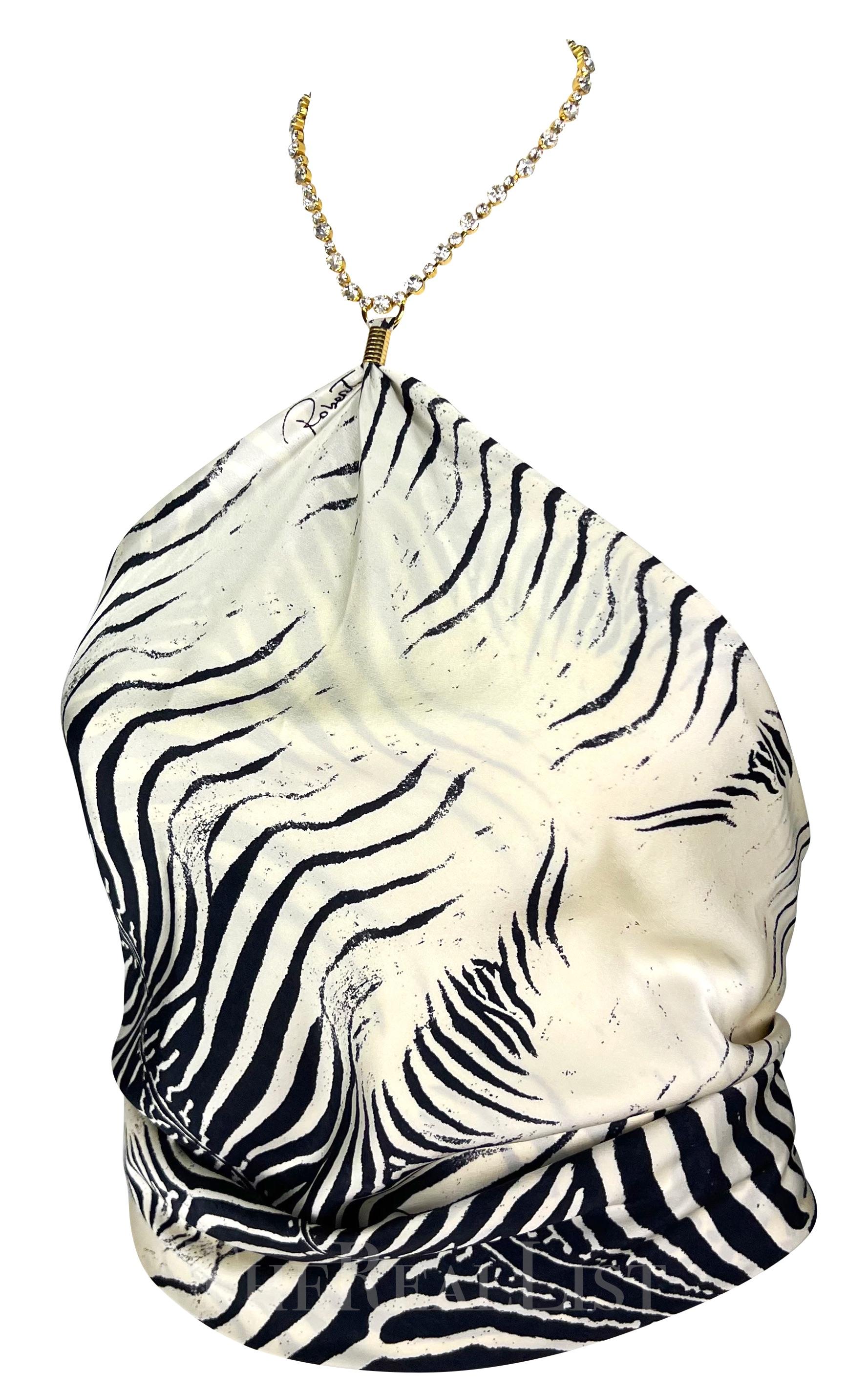 S/S 2000 Roberto Cavalli Rhinestone Zebra Print Triangle Silk Scarf Crop Top Excellent état - En vente à West Hollywood, CA