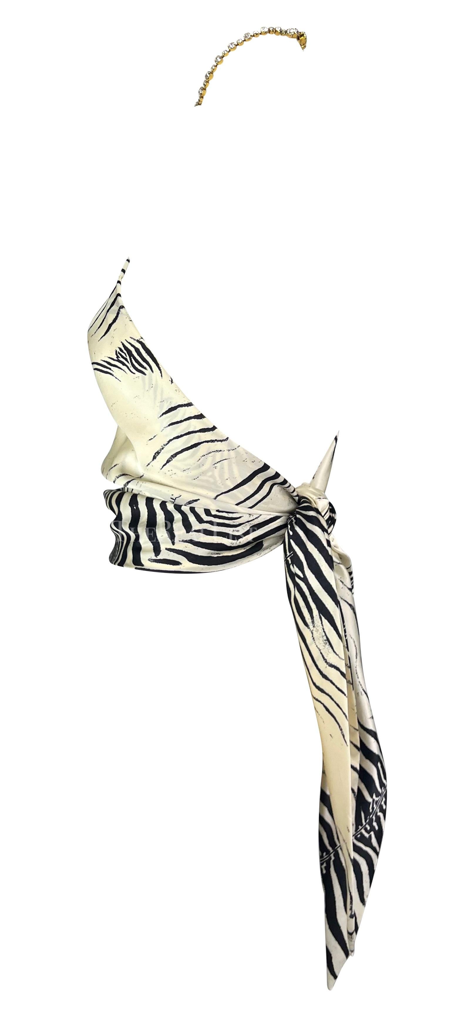 Women's S/S 2000 Roberto Cavalli Rhinestone Zebra Print Triangle Silk Scarf Crop Top For Sale