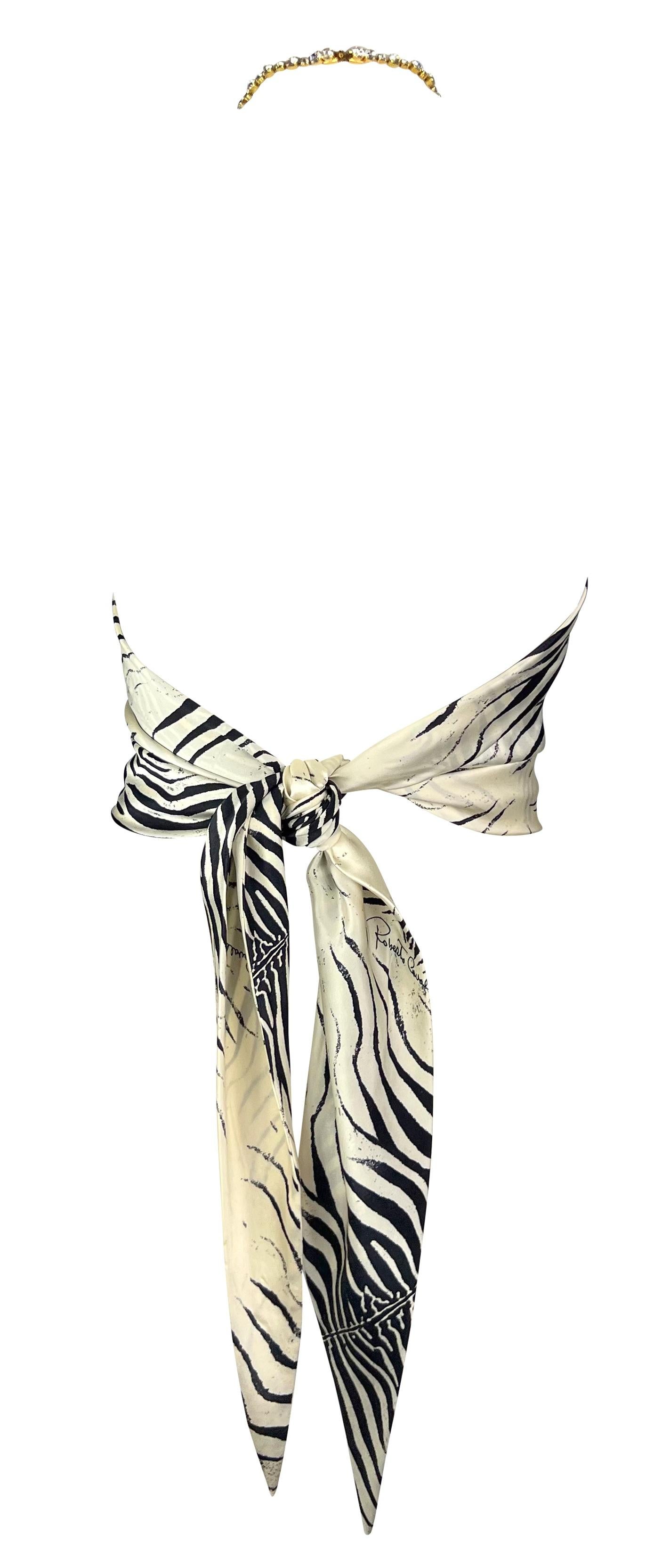 S/S 2000 Roberto Cavalli Rhinestone Zebra Print Triangle Silk Scarf Crop Top en vente 1