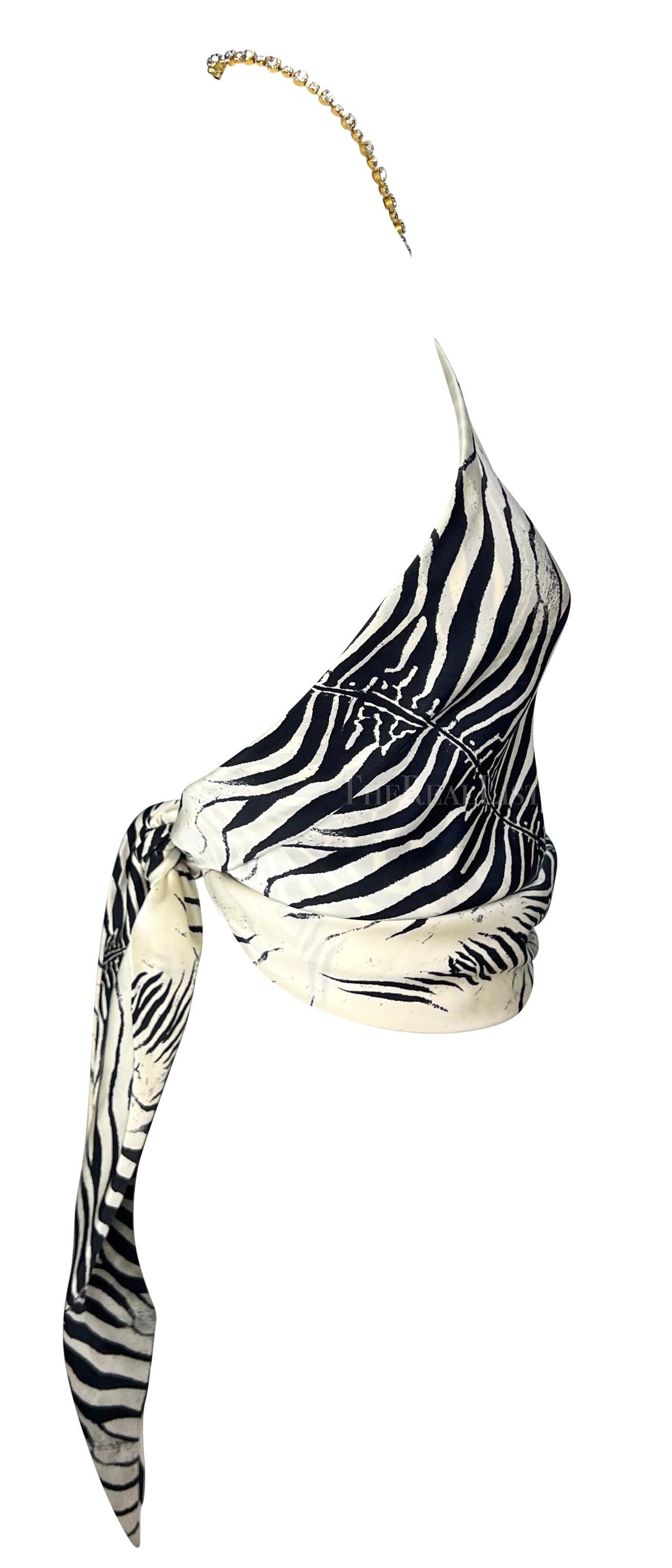 S/S 2000 Roberto Cavalli Rhinestone Zebra Print Triangle Silk Scarf Crop Top For Sale 2