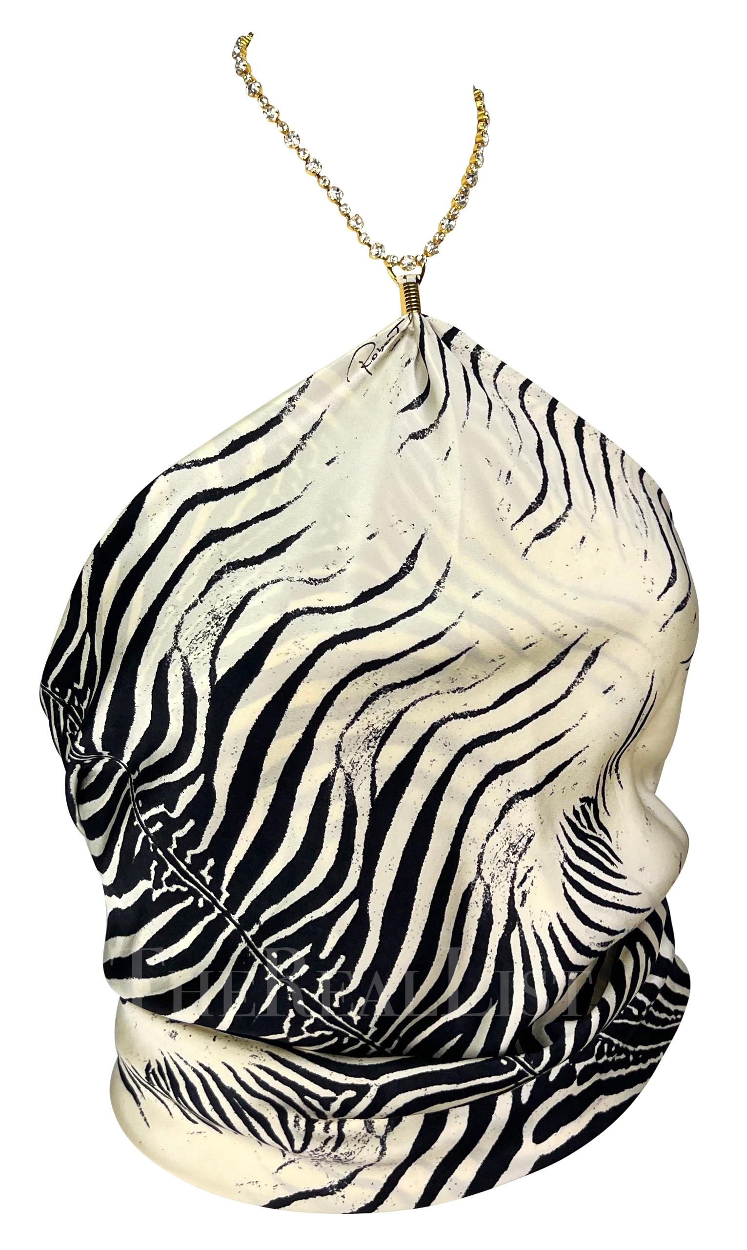 S/S 2000 Roberto Cavalli Rhinestone Zebra Print Triangle Silk Scarf Crop Top For Sale 3