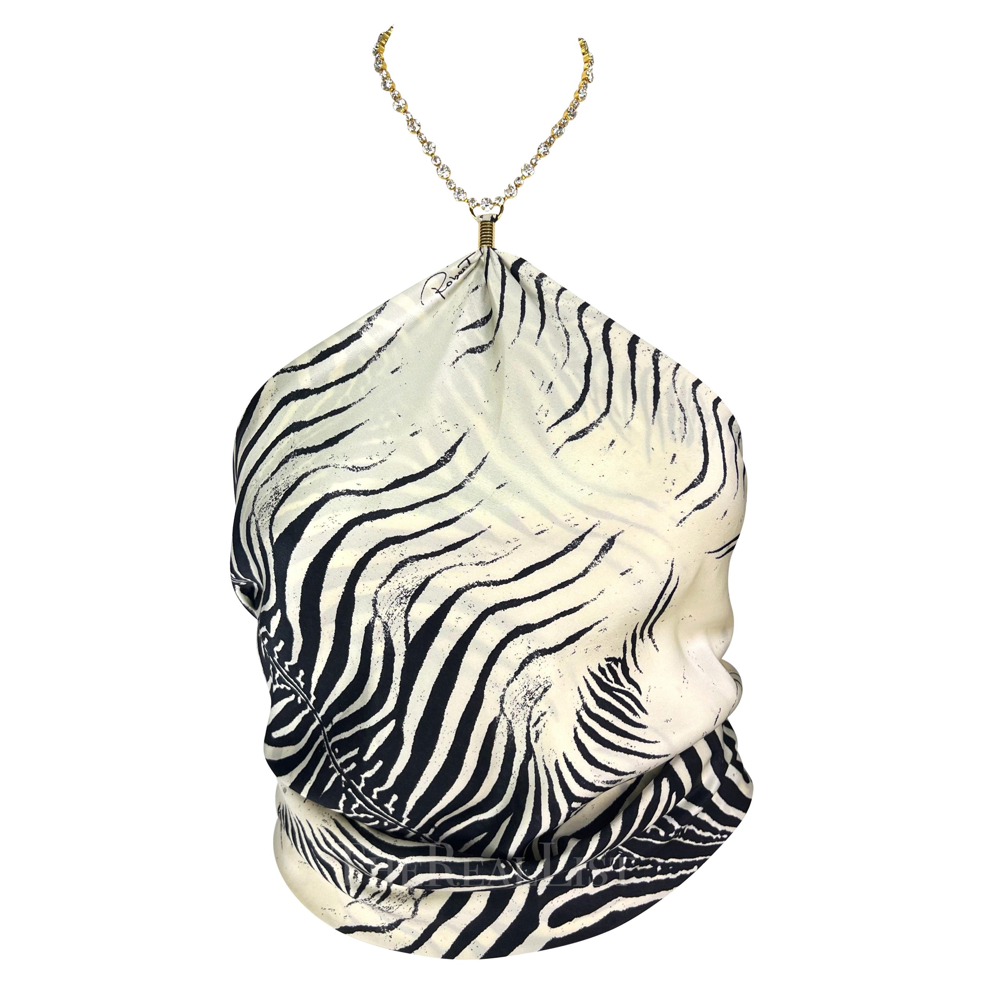 S/S 2000 Roberto Cavalli Rhinestone Zebra Print Triangle Silk Scarf Crop Top For Sale
