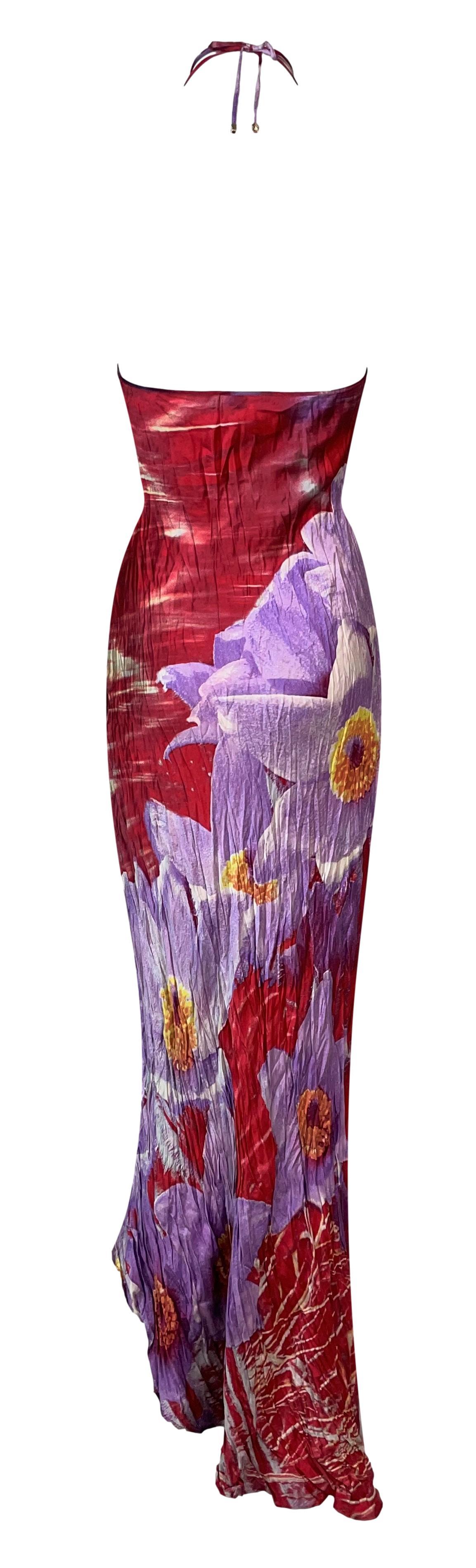 Brown S/S 2000 Roberto Cavalli Runway Red & Purple Floral Asymmetrical Maxi Dress