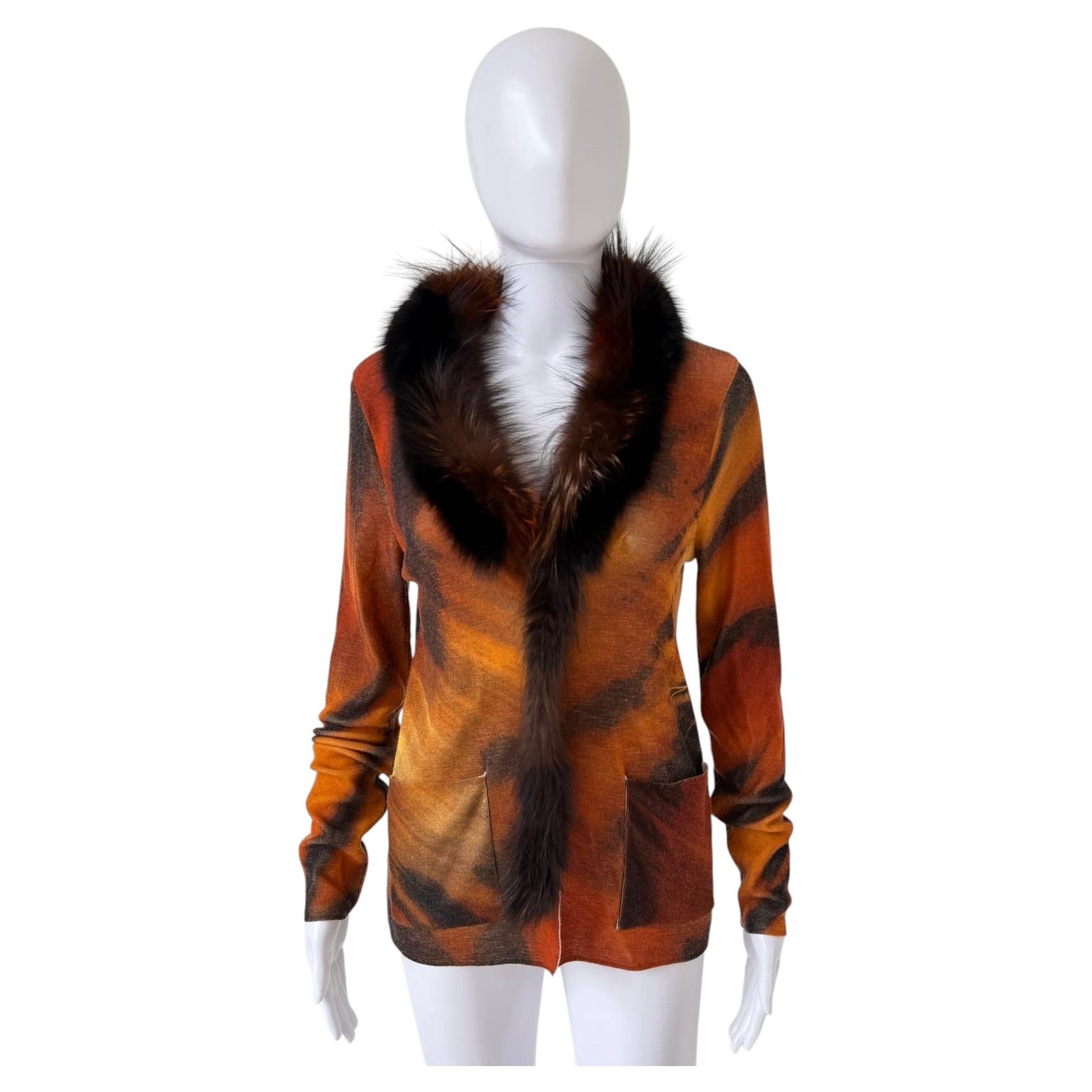 Roberto Cavalli Women's S/S 2000 Tiger Print Cardigan with Fur Trim