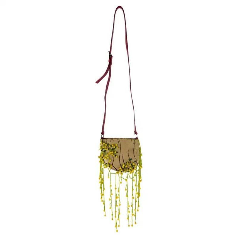 S/S 2000 Valentino Garavani Tan Pony Hair Floral Beaded Lizard Trim Tasche