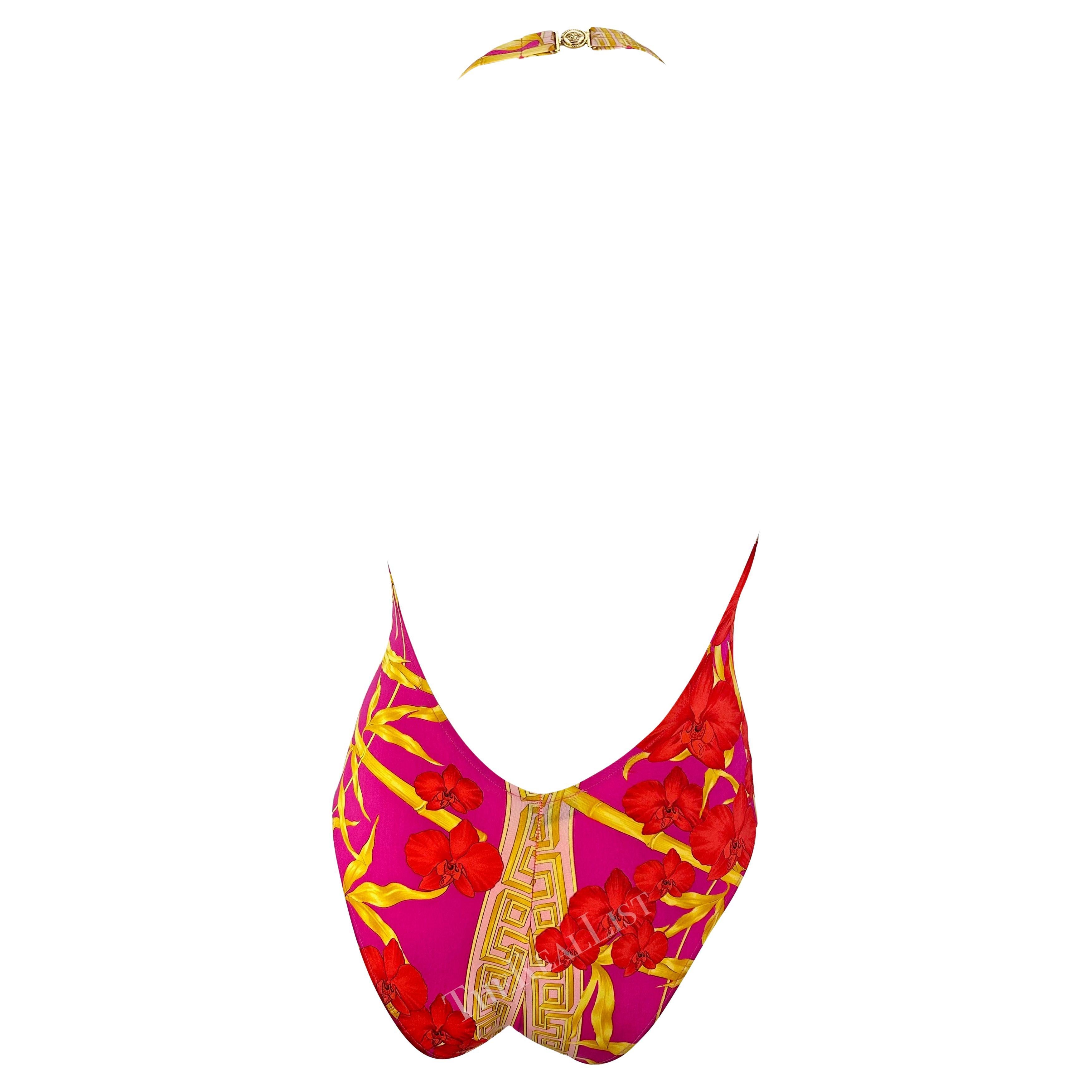 Women's S/S 2000 Versace by Donatella Hot Pink Bamboo Plunging Halter One-Piece Swimsuit For Sale